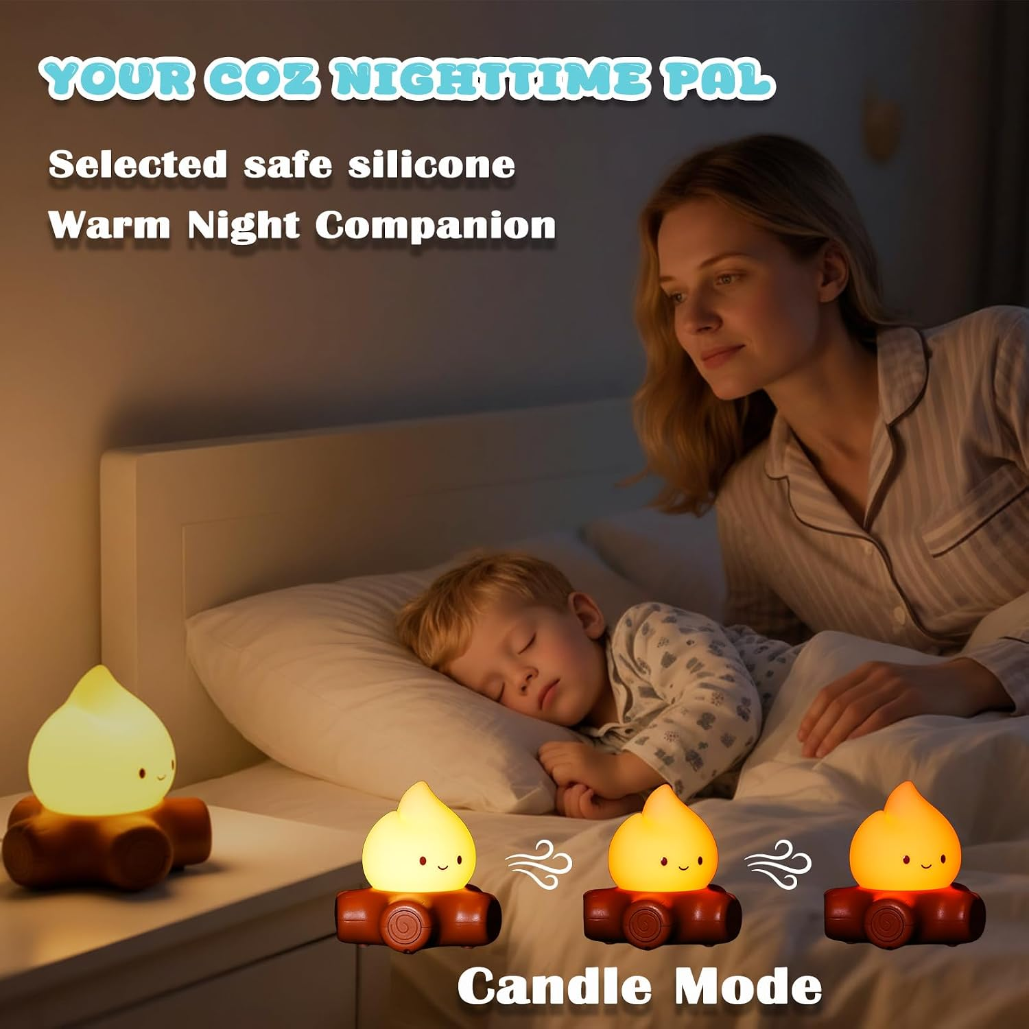 Eine Frau und ein schlafendes Kind im Bett neben einem leuchtenden Nachtlicht.
