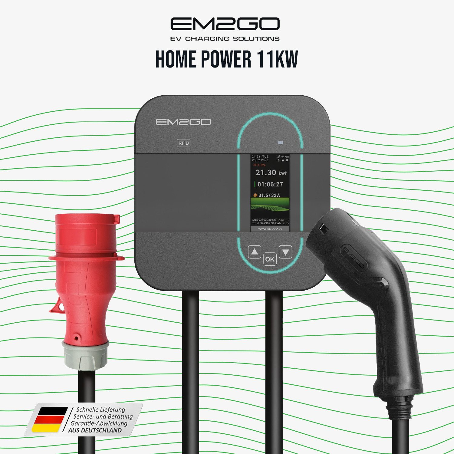 EM2GO Home Power 11KW EV-Ladestation mit Ladekabel, rotem Stecker und digitalem Display vor grünem Wellenmuster.