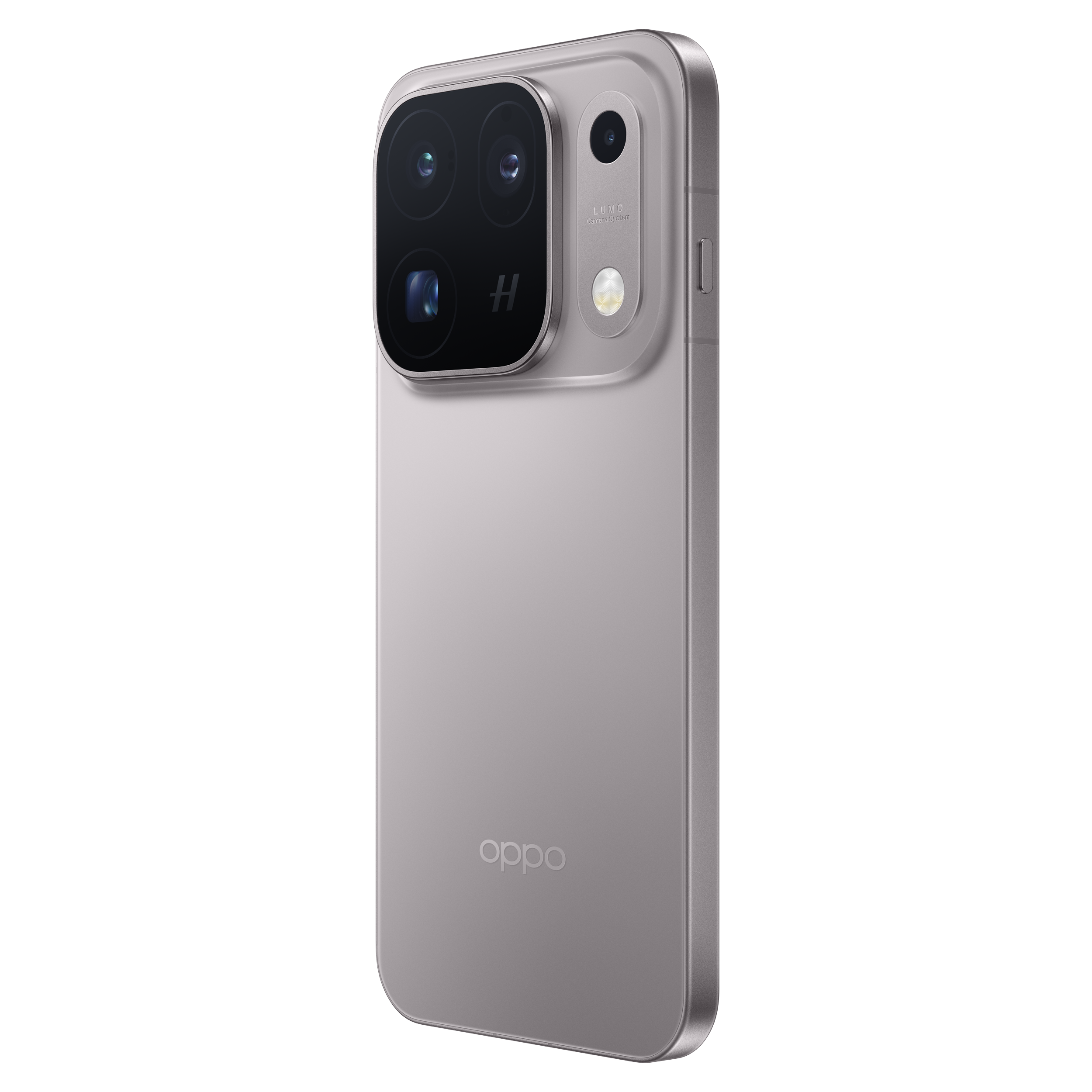 Back of a silver OPPO smartphone with a large square camera module against a black background.