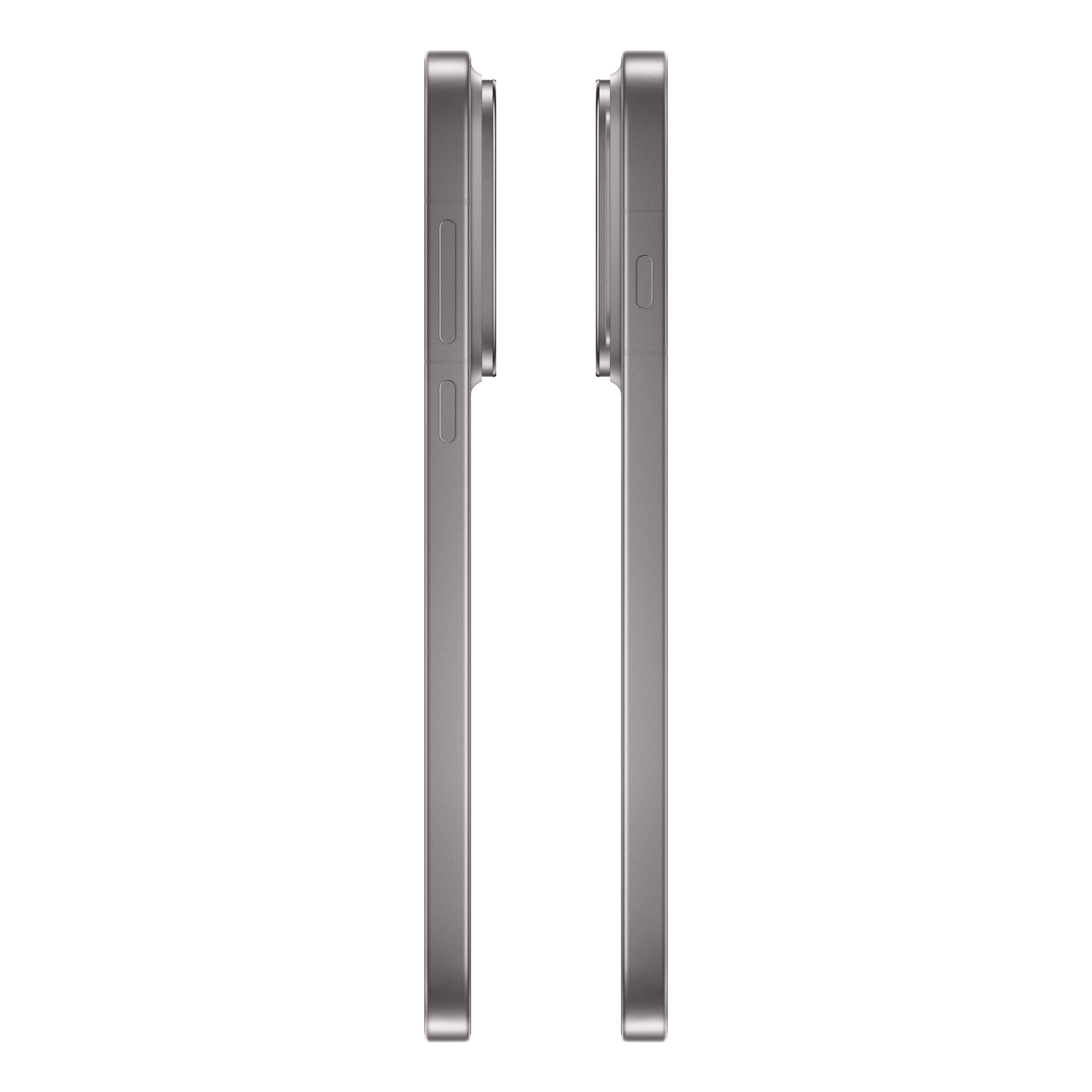 Side view of two silver-gray smartphones featuring buttons and a camera module against a black background.