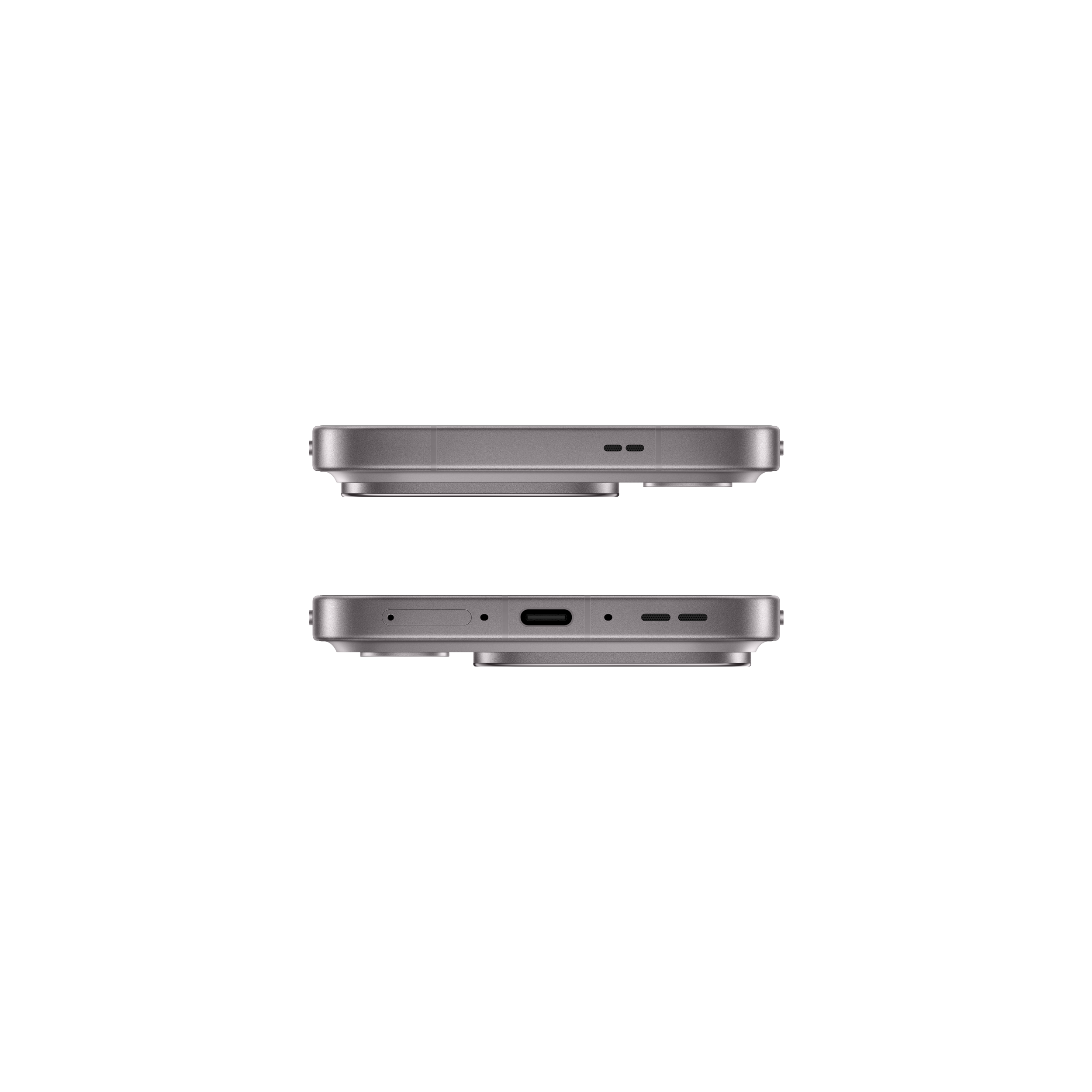 Bottom and top views of a gray smartphone with ports against a black background.