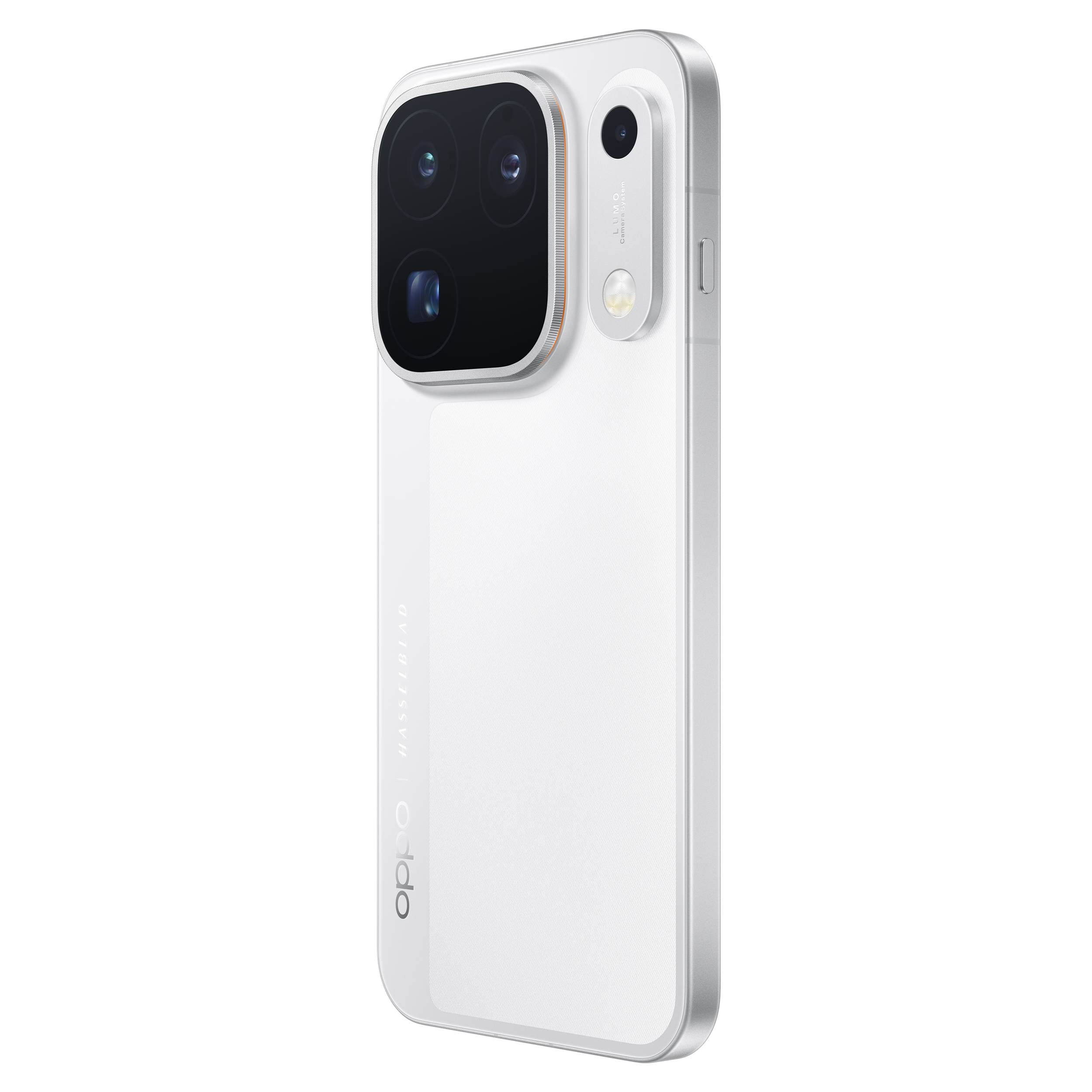 Back of a white smartphone with a large triple camera module against a black background.