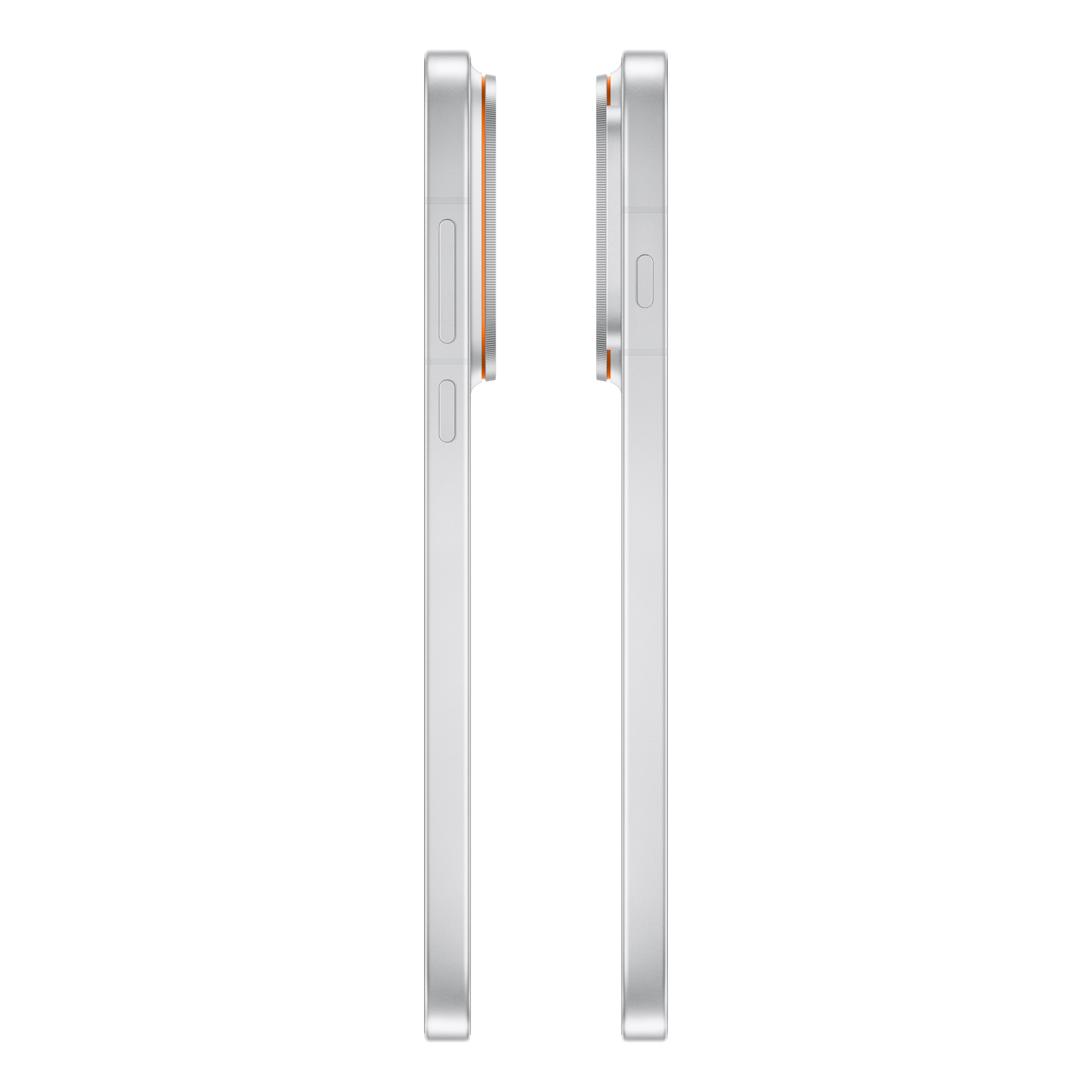 Side view of two silver smartphones featuring buttons and camera rings against a black background.