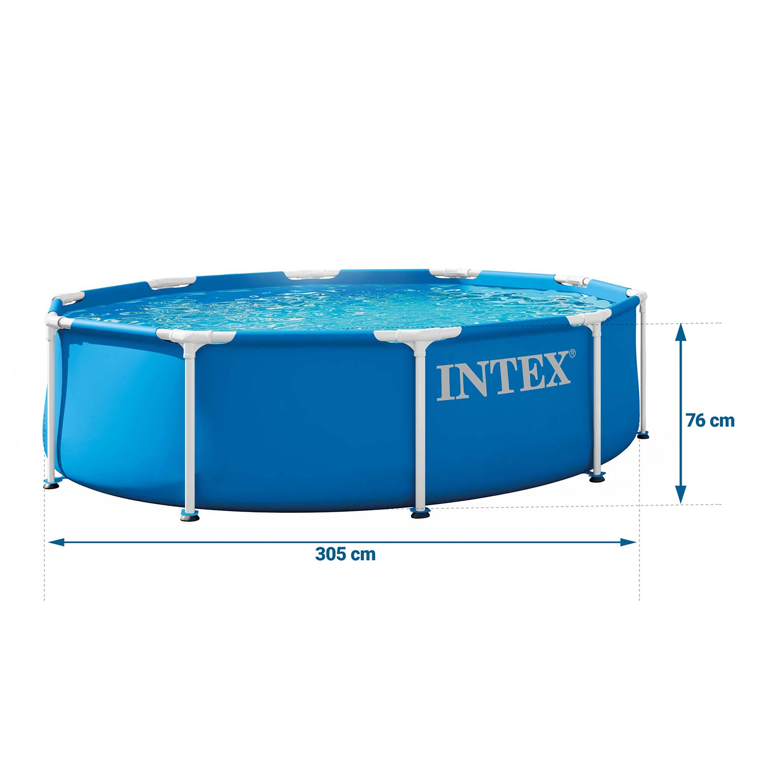 Ein runder blauer Intex-Aufstellpool mit weißem Metallrahmen, 305 cm Durchmesser und 76 cm Höhe.