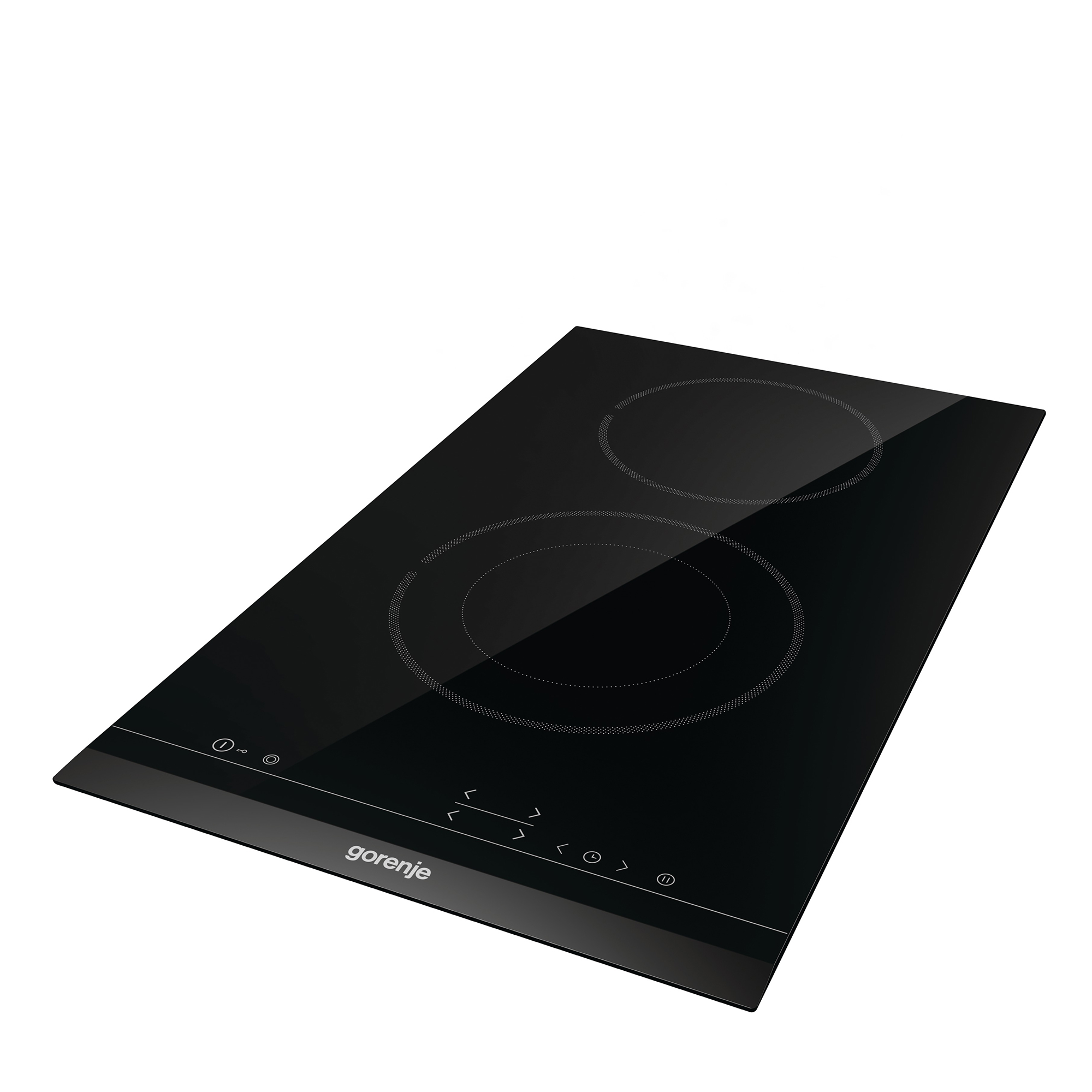Ein glänzendes schwarzes Induktionskochfeld von Gorenje mit zwei runden Kochzonen und Touch-Bedienfeldern.