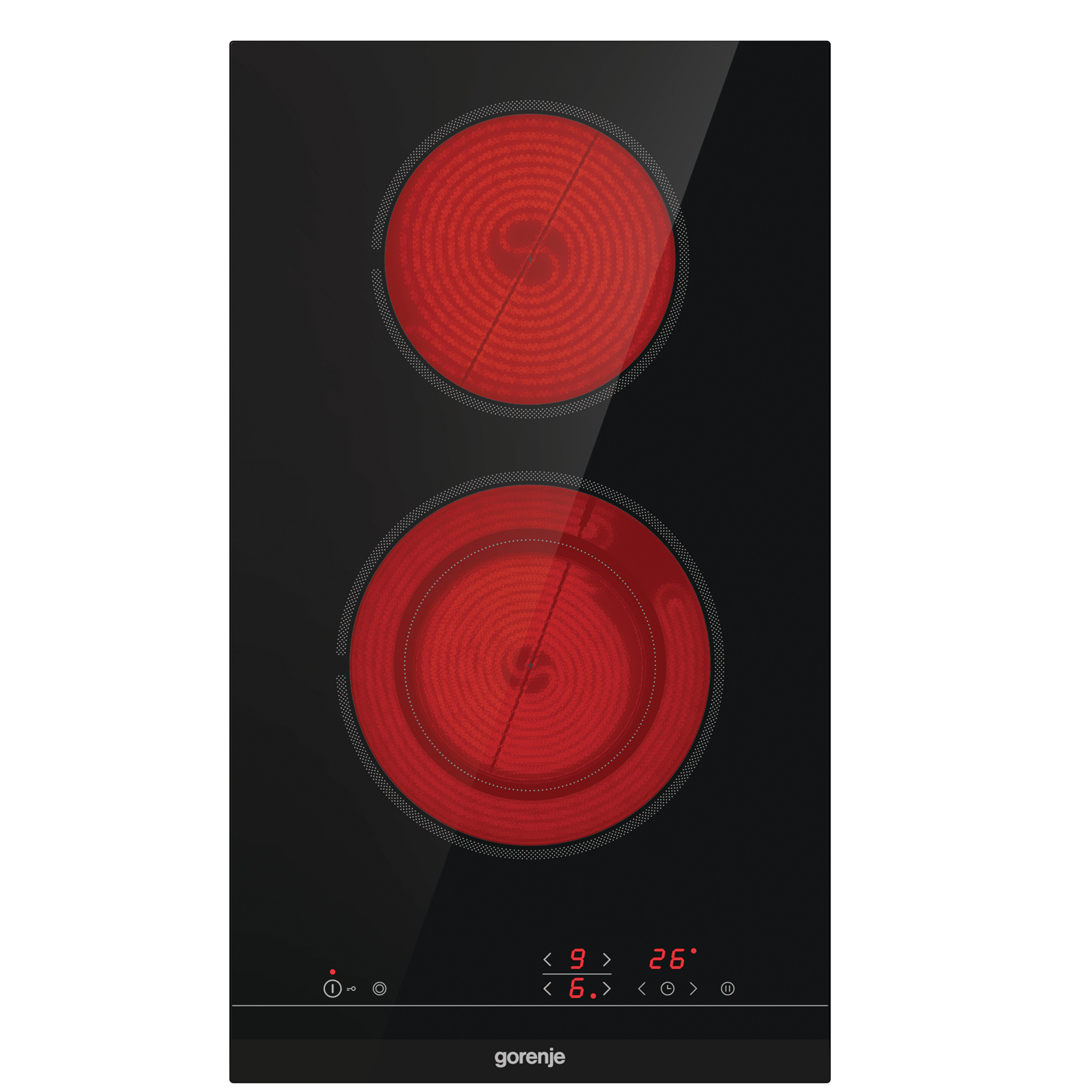 Schwarzes Gorenje Glaskeramikkochfeld mit zwei roten, leuchtenden Kochzonen und Touch-Bedienfeld unten.