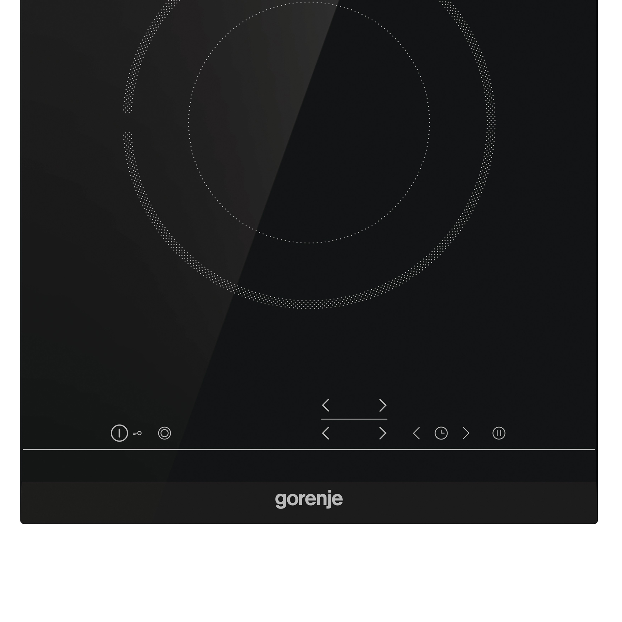 Schwarzes Gorenje Induktionskochfeld mit leuchtenden Touch-Steuerelementen und einer großen Kochzone.