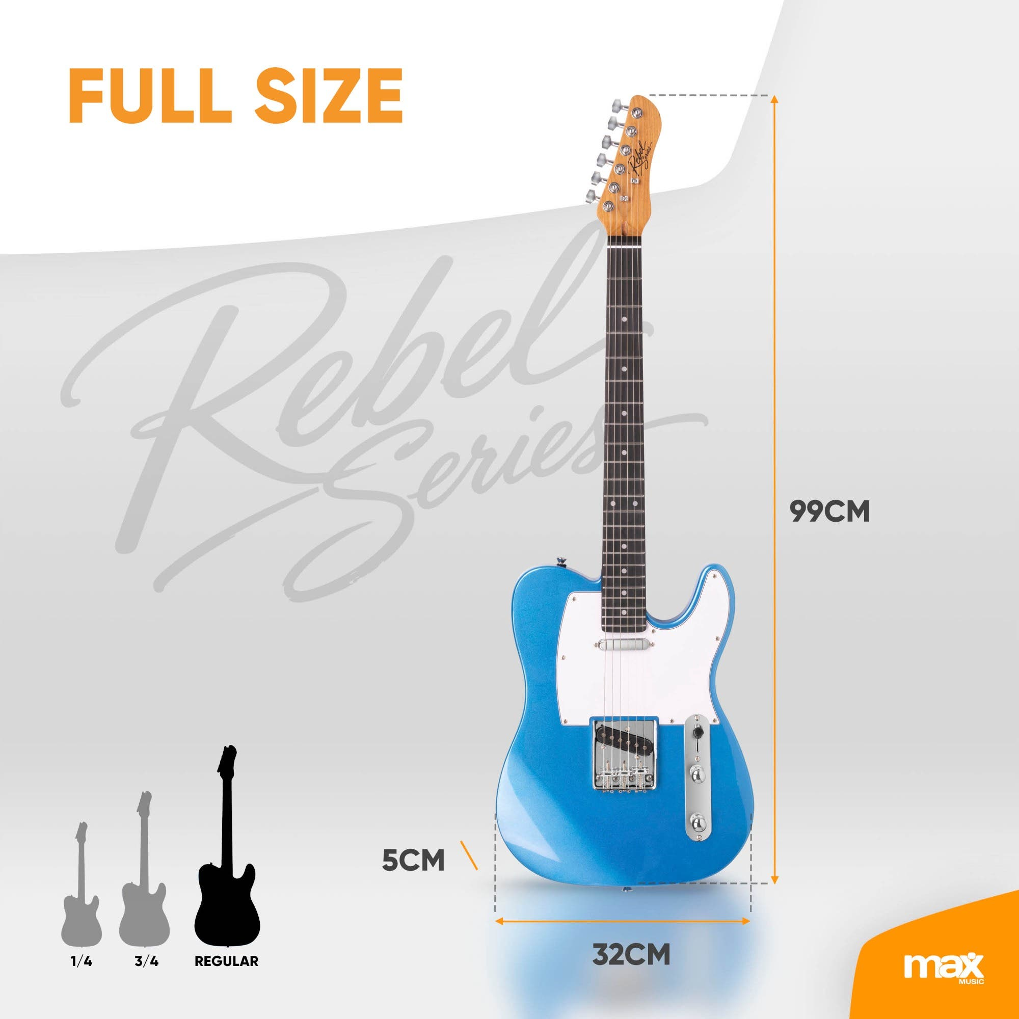 Blaue E-Gitarre mit weißen Details und Maßen von 99cm Höhe, 32cm Breite und 5cm Tiefe.