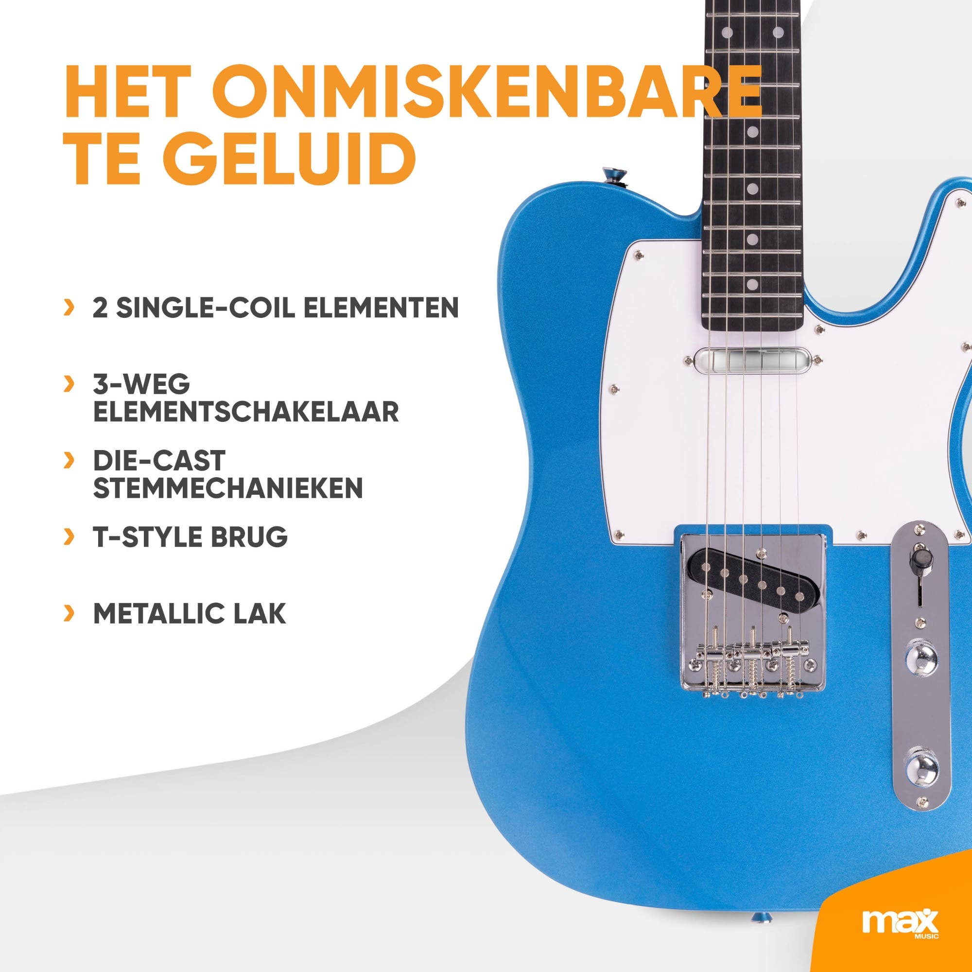 Eine blaue E-Gitarre neben niederländischem Text mit Details zu ihren Funktionen vor weißem Hintergrund.