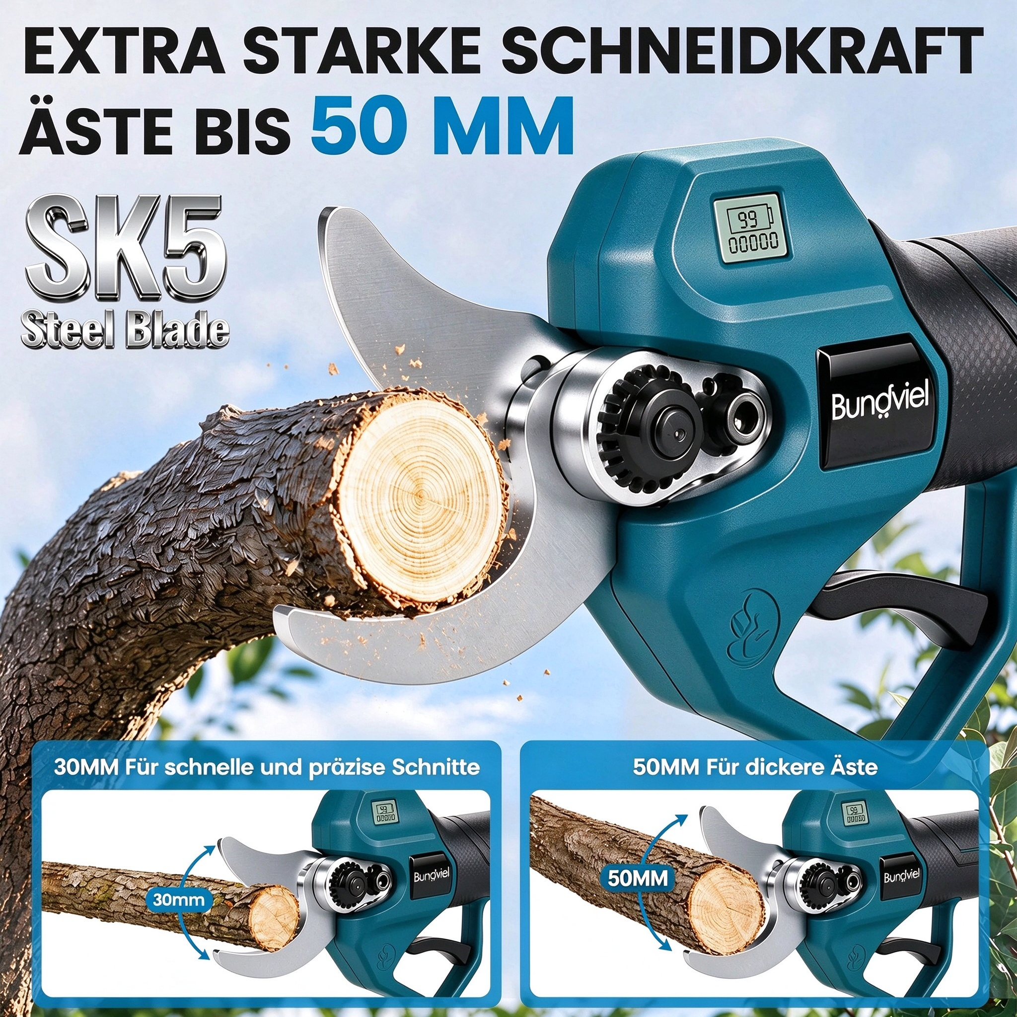 Blaue elektrische Astschere mit SK5-Stahlklinge schneidet einen dicken Holzast.