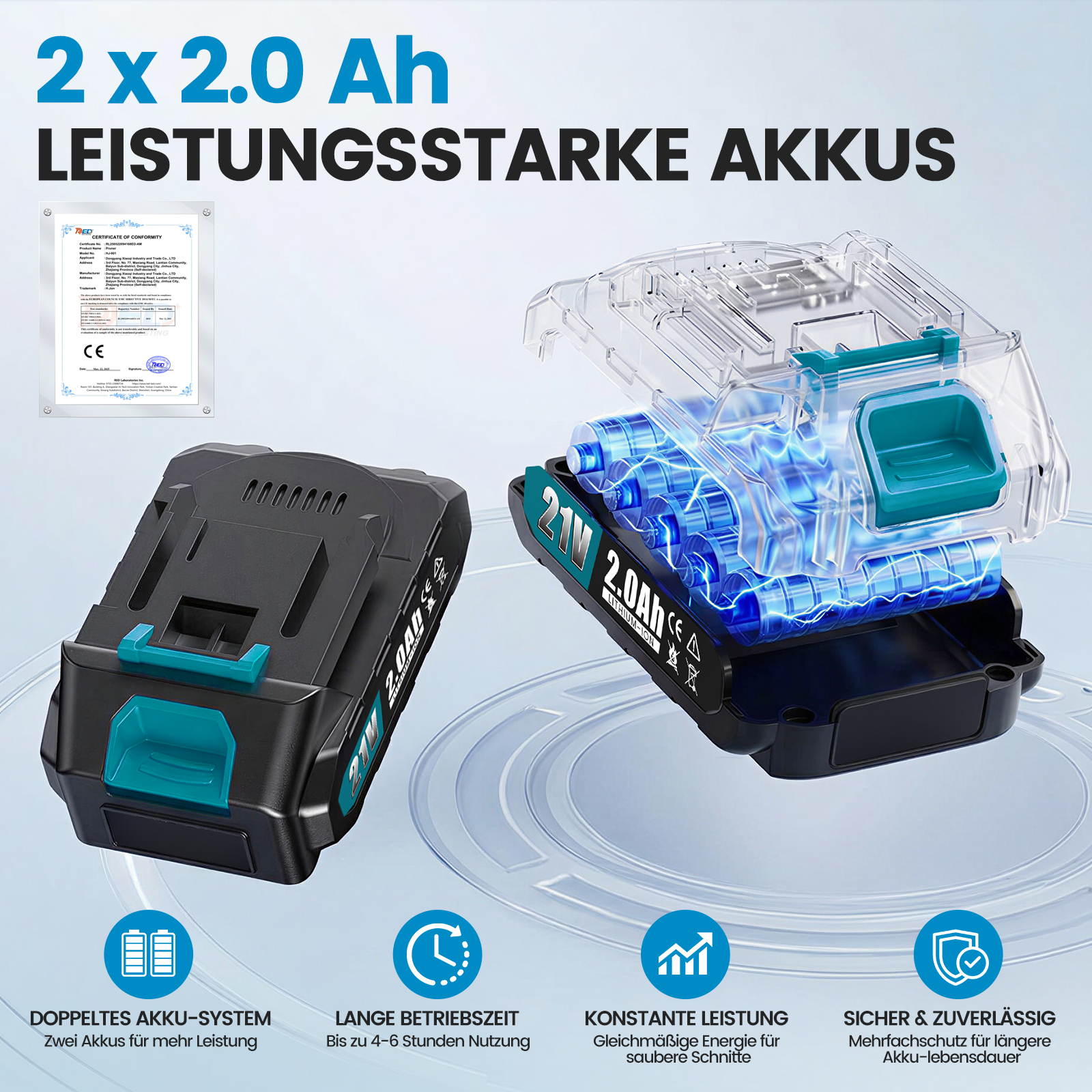 Zwei leistungsstarke 21V 2.0Ah Lithium-Ionen-Akkus mit transparentem Gehäuse und Zertifikat.