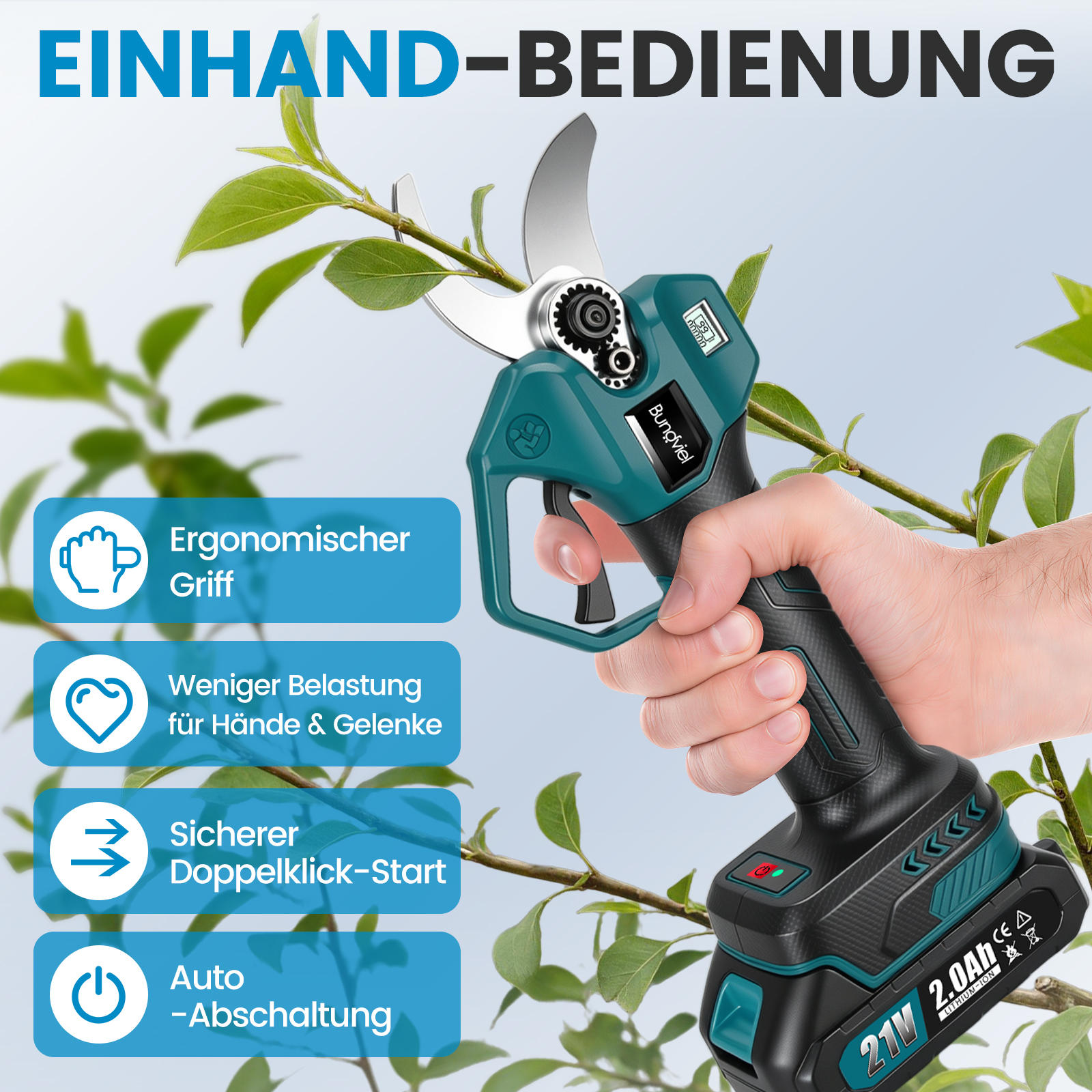 Hand hält eine kabellose Gartenschere zum Schneiden von grünen Zweigen mit Feature-Texten.