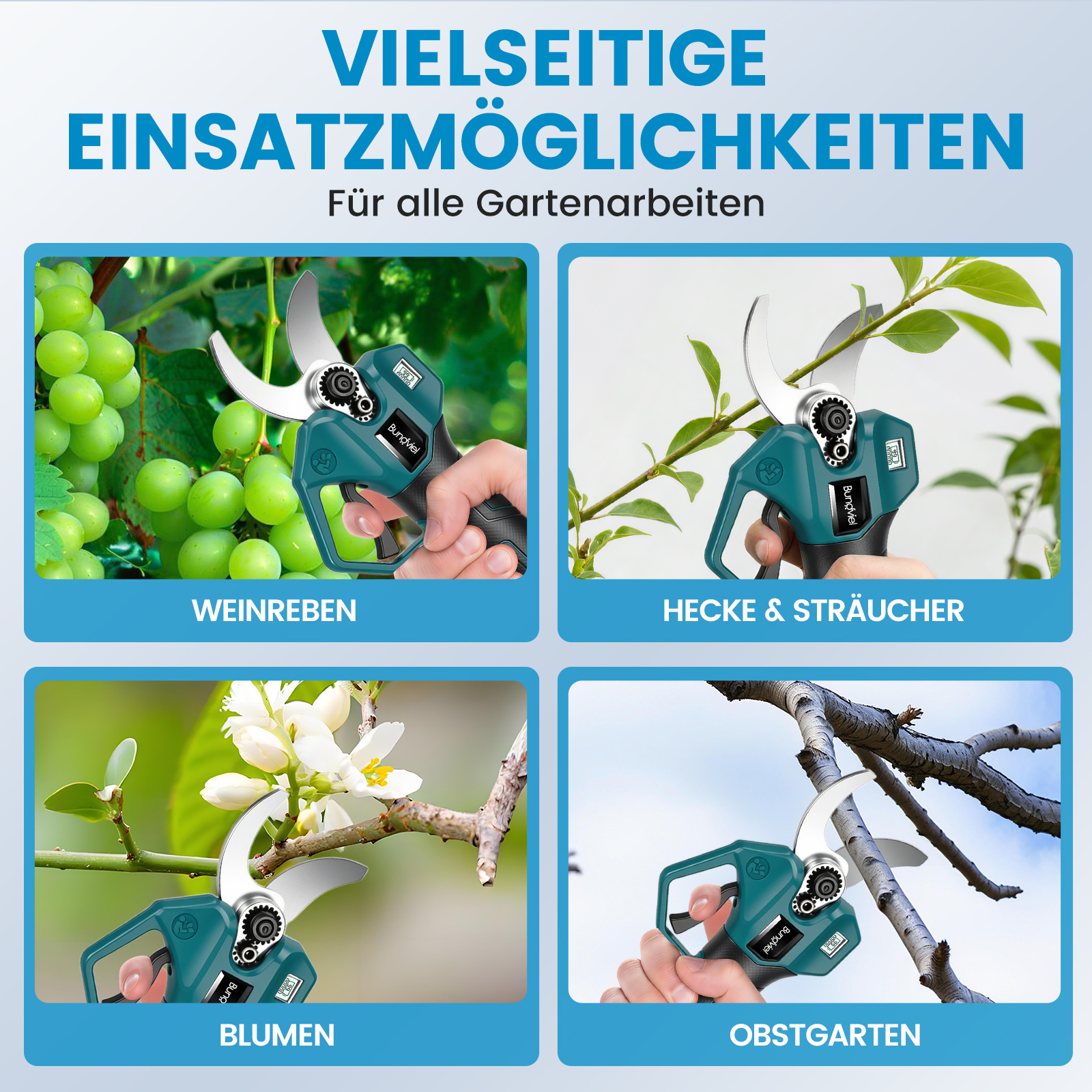Vier Bilder zeigen eine grüne Gartenschere im Einsatz an Weintrauben, Hecken, Blumen und Obstbäumen.
