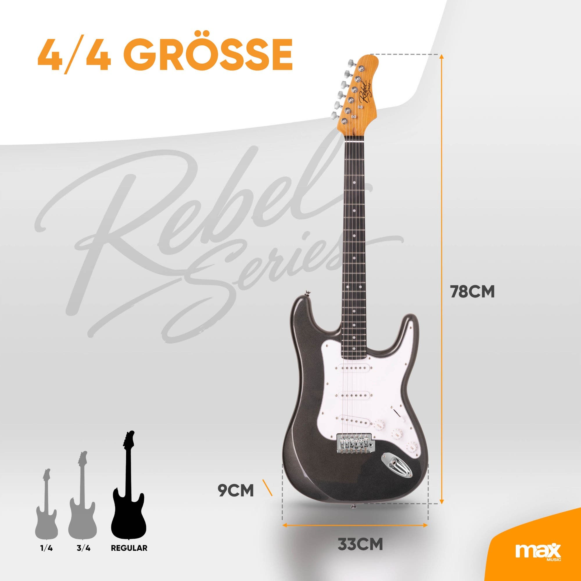 Graue E-Gitarre mit Maßen von 78x33x9 cm und der Aufschrift 4/4 Grösse.