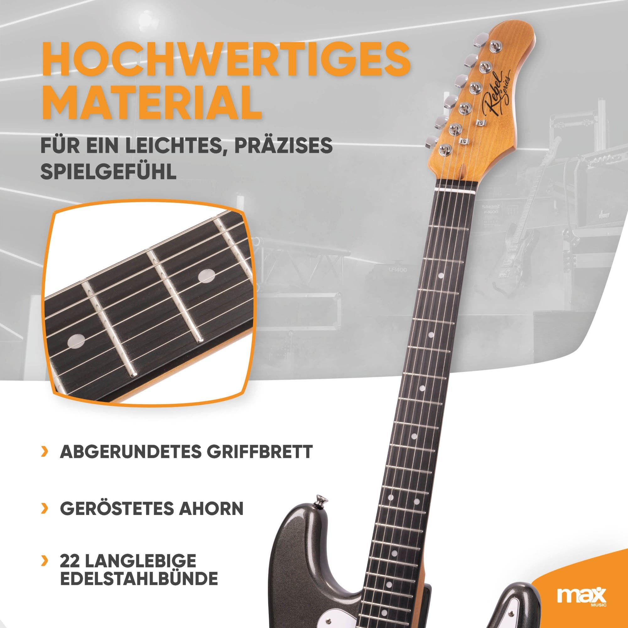 Nahaufnahme eines dunklen E-Gitarrenhalses mit abgerundetem Griffbrett und Edelstahlbünden vor hellem Hintergrund.