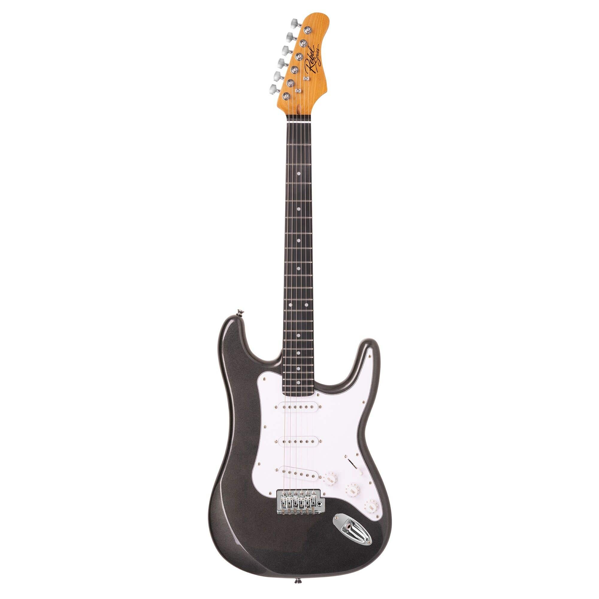 Eine metallicdunkelgraue E-Gitarre mit weißem Schlagbrett, dunklem Griffbrett und hellem Holzkopf auf weiß.