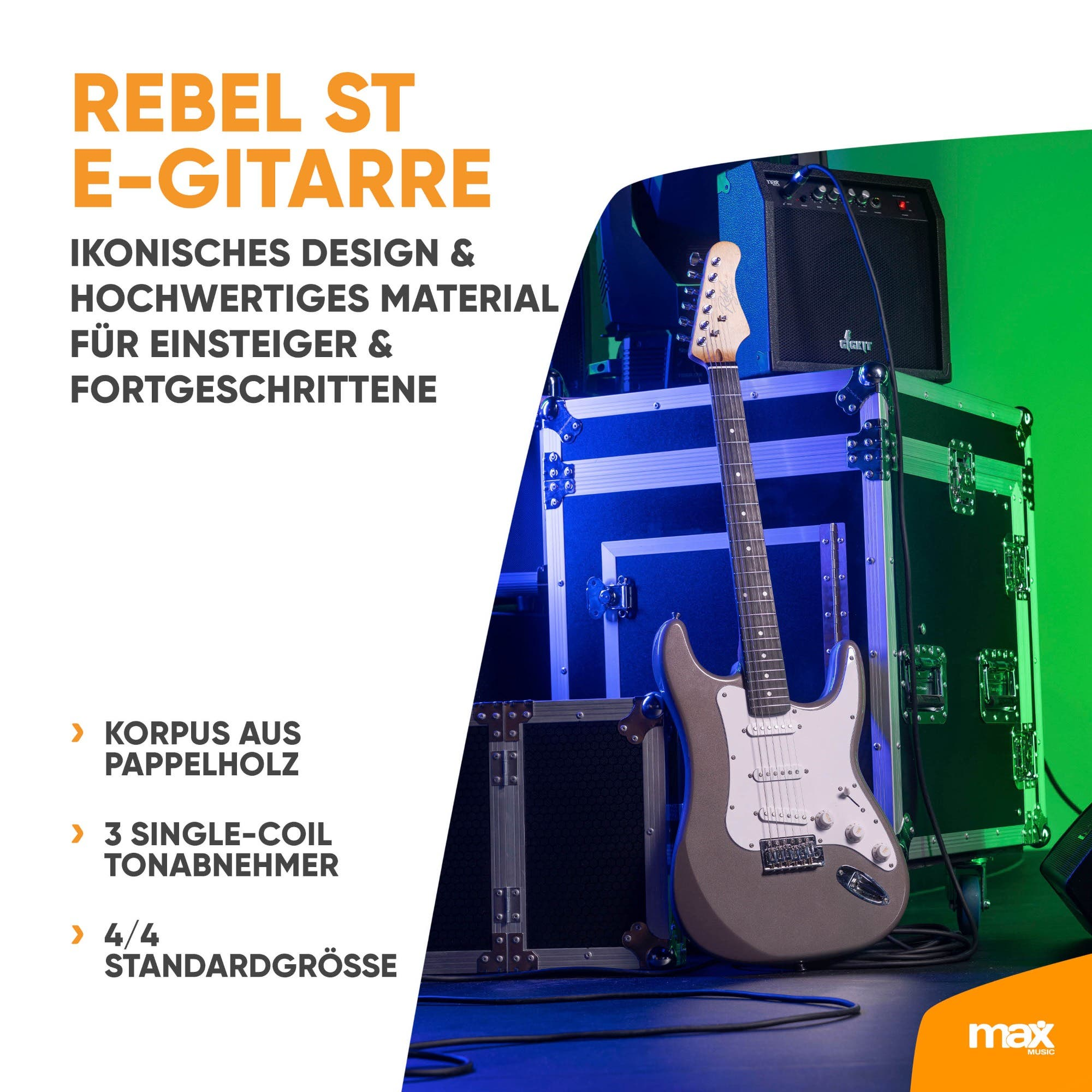 Eine graue E-Gitarre steht vor Gitarrenkoffern und einem Verstärker, flankiert von Werbetext.