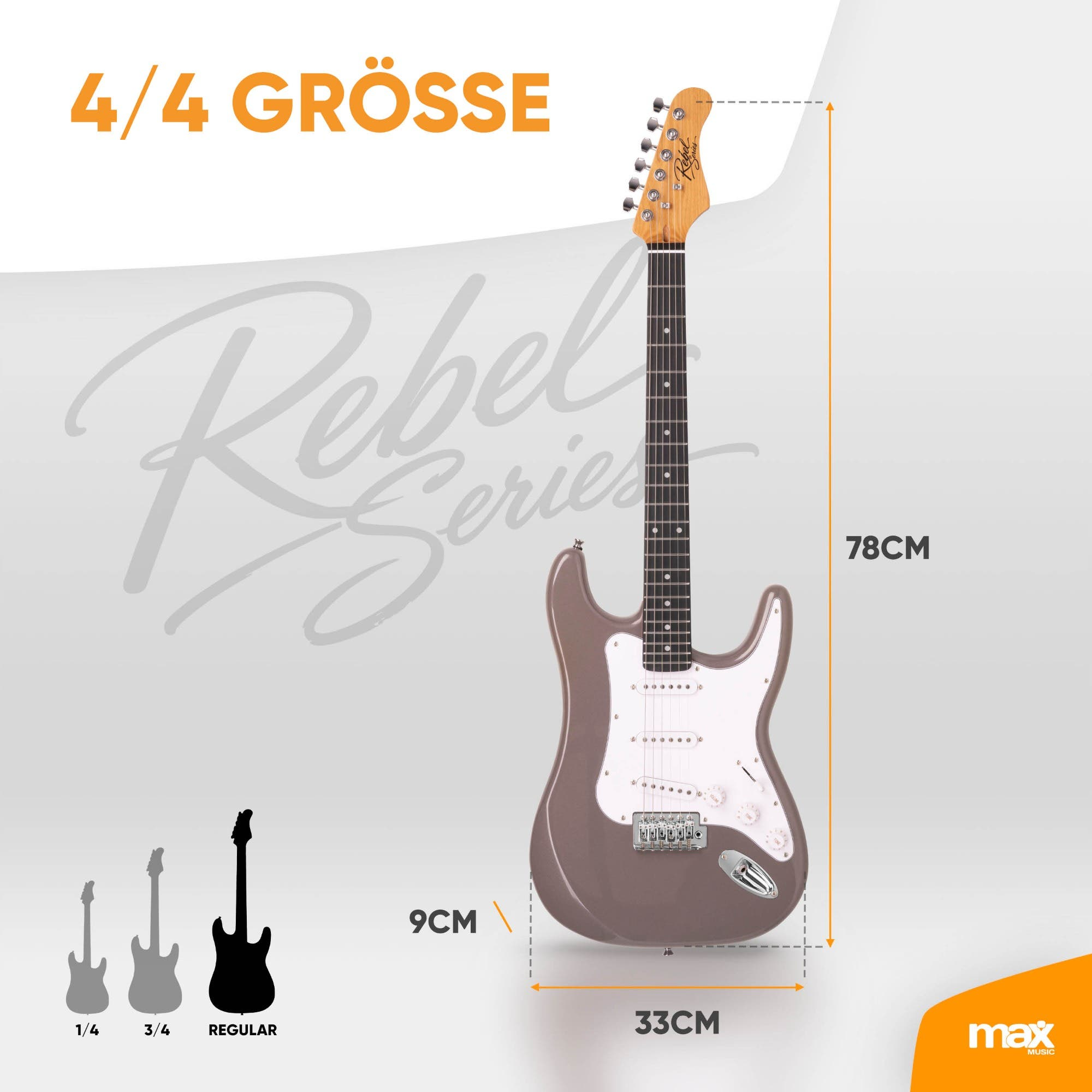Eine graue E-Gitarre mit weißen Details und Größenangaben von 78 cm Höhe, 33 cm Breite und 9 cm Tiefe.