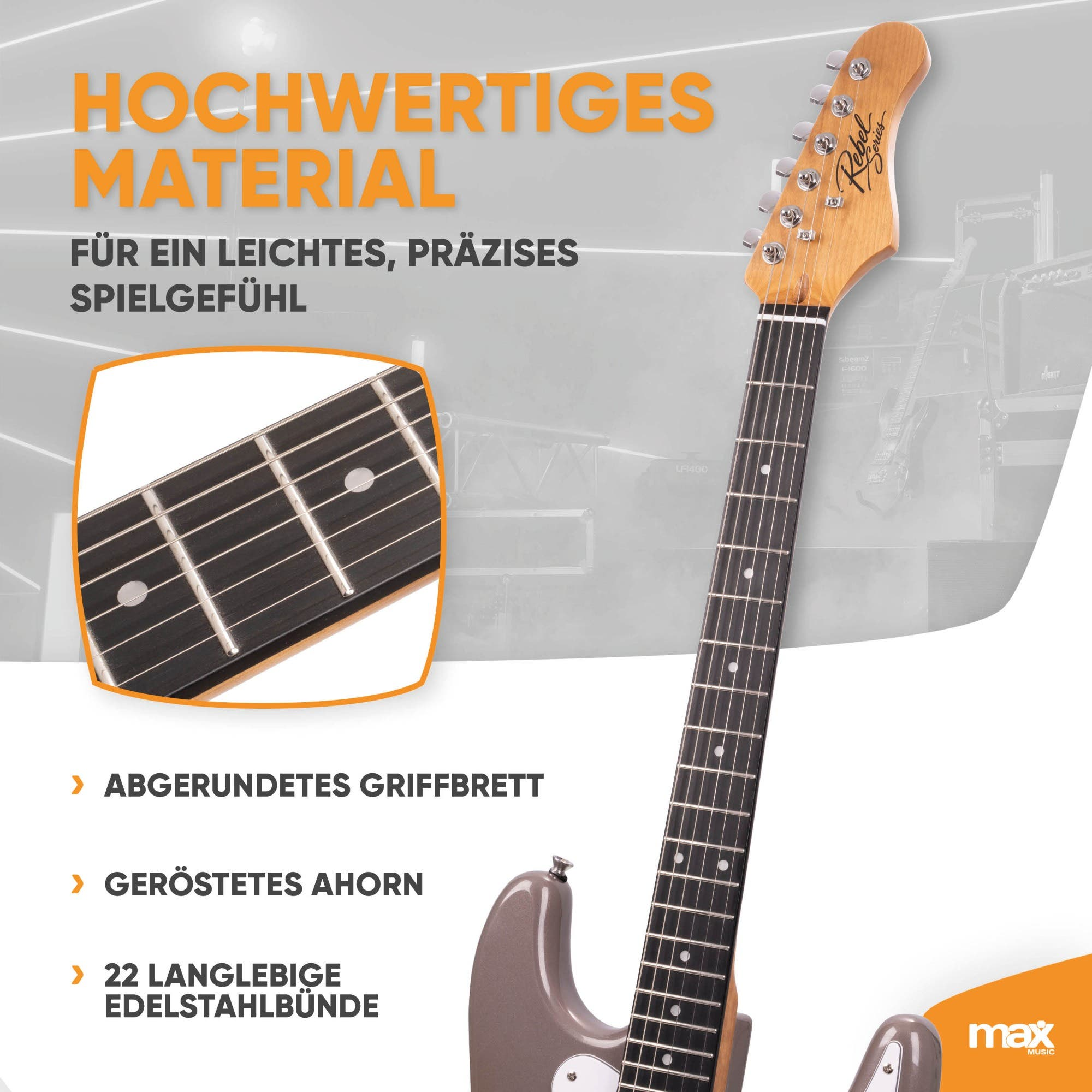 E-Gitarrenhals mit abgerundetem Griffbrett und Edelstahlbünden, der hochwertige Materialien zeigt.