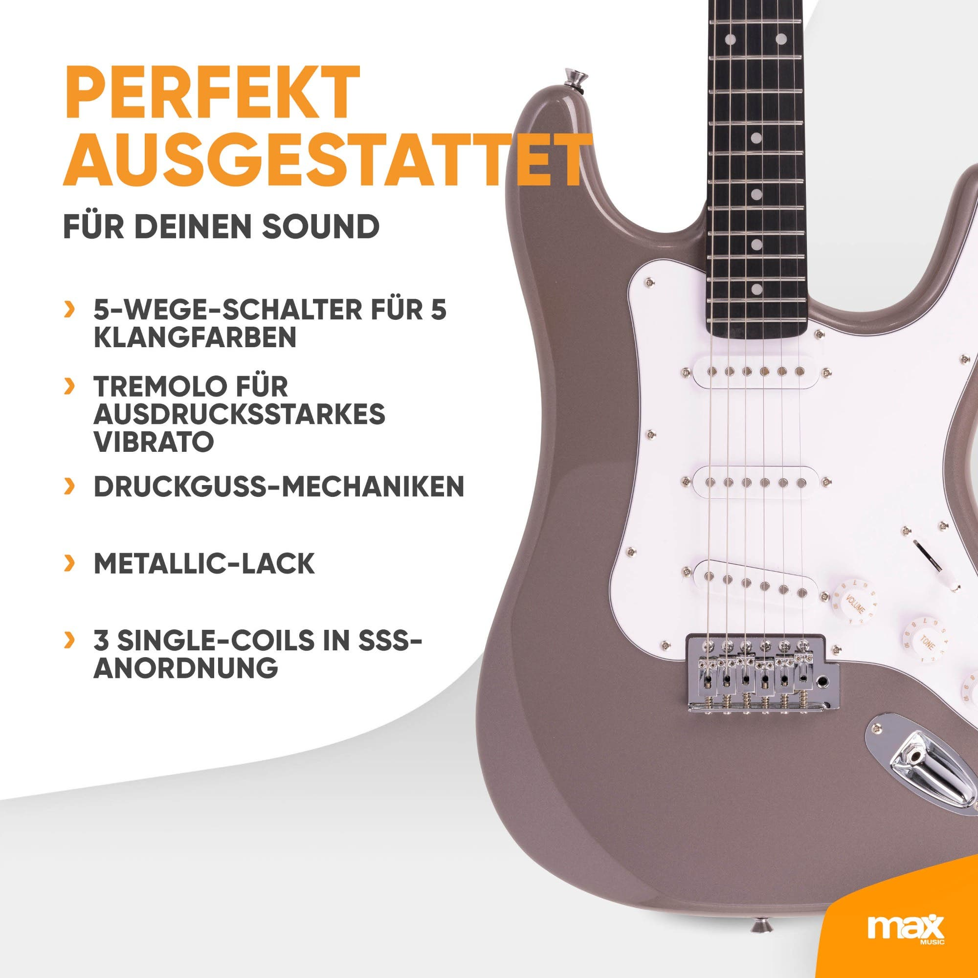 Nahaufnahme einer metallicgrauen E-Gitarre mit weißem Schlagbrett und deutschem Werbetext links.