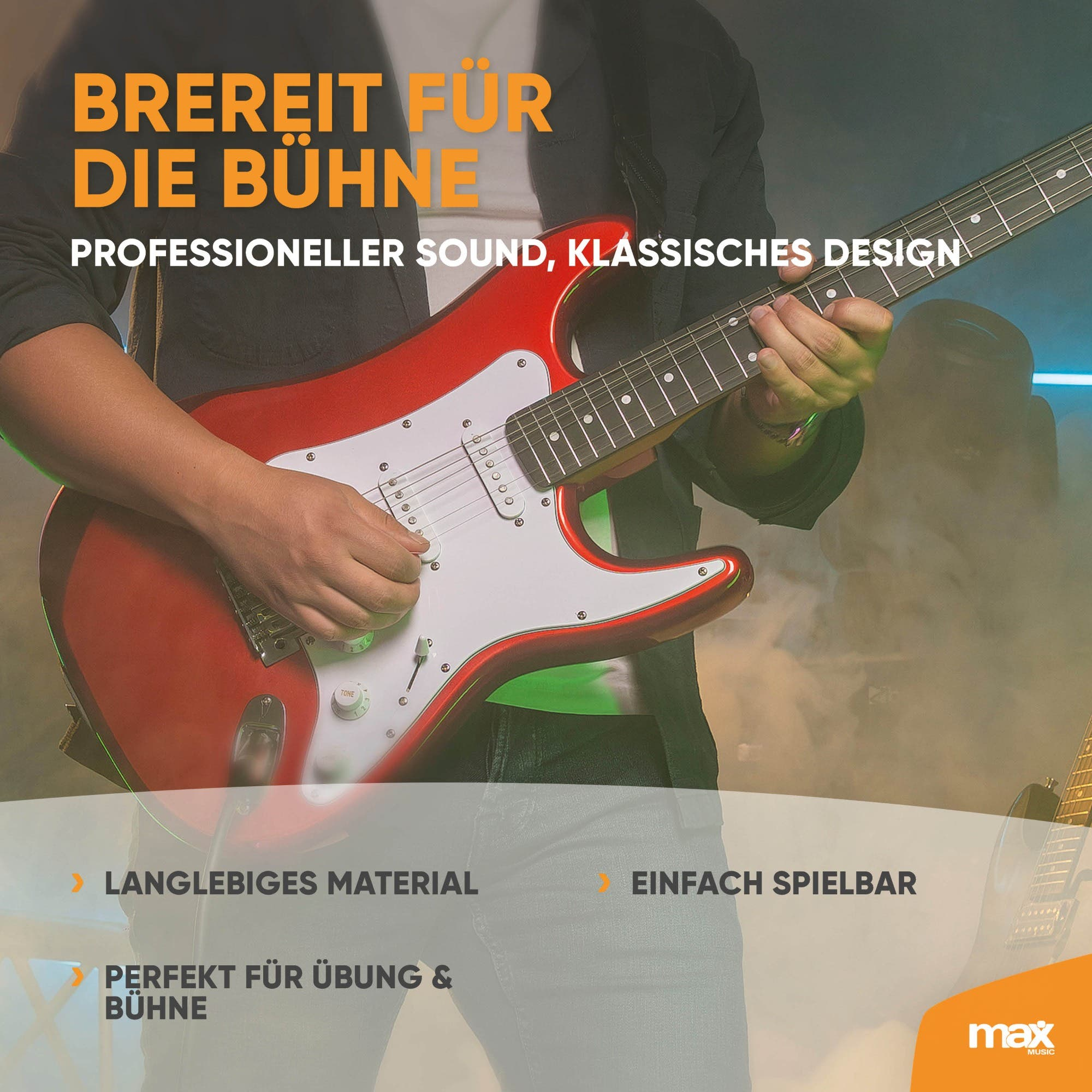 Musiker spielt eine rote E-Gitarre auf einer Bühne mit Textoverlay.