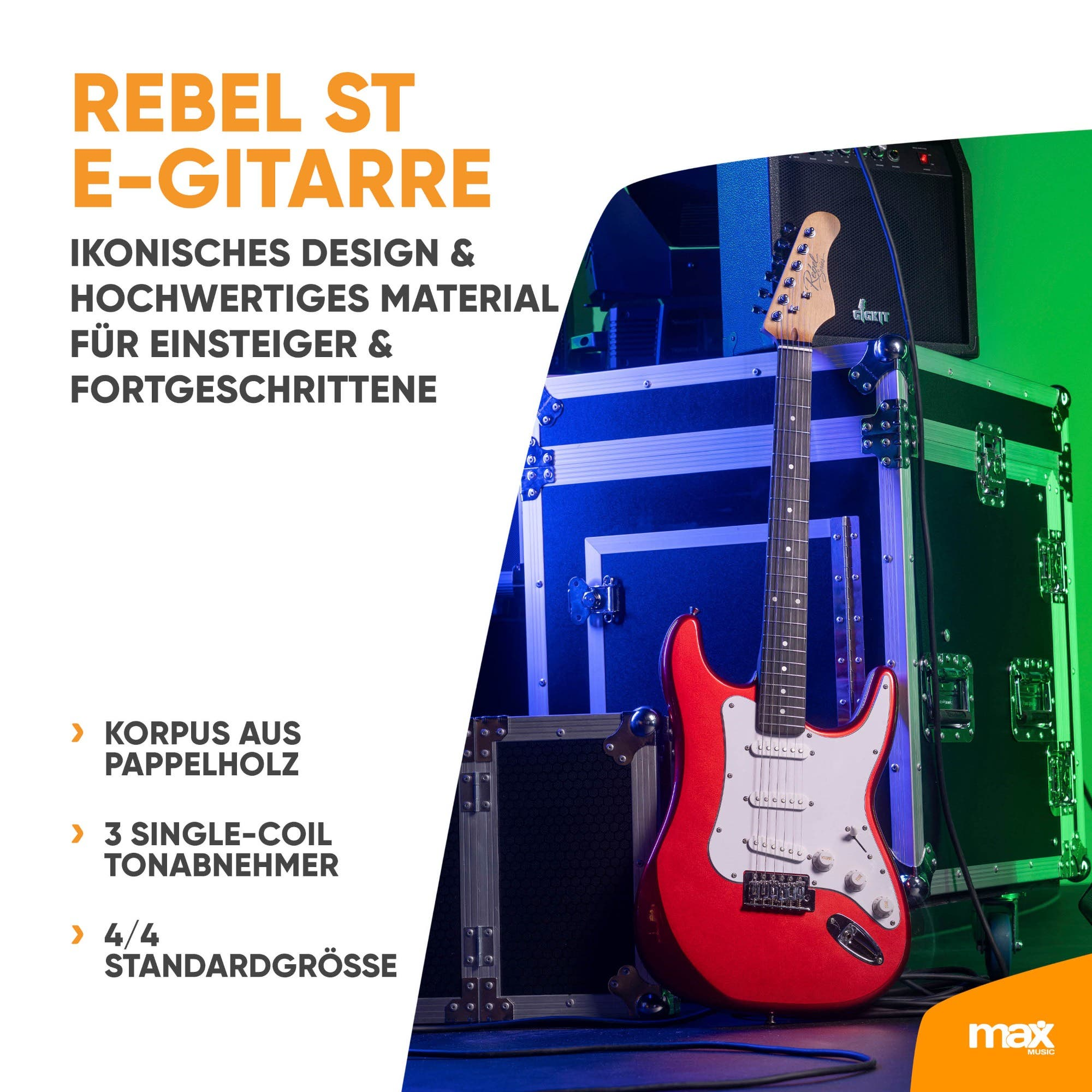 Eine glänzend rote E-Gitarre steht vor Flightcases mit blau-grüner Beleuchtung im Hintergrund.