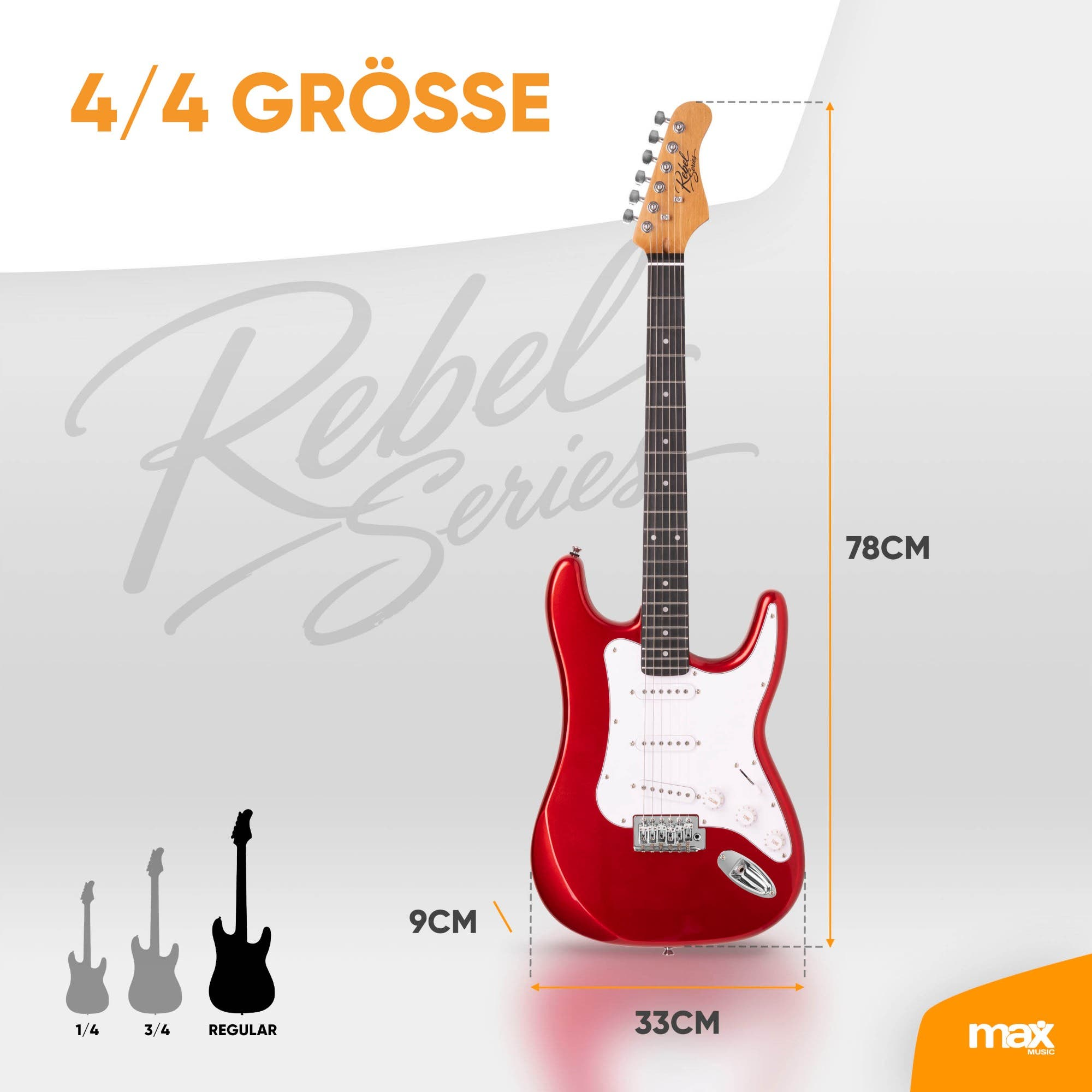 Rote E-Gitarre mit Maßen: 78 cm Höhe, 33 cm Breite, 9 cm Tiefe, und Rebel-Series-Logo.