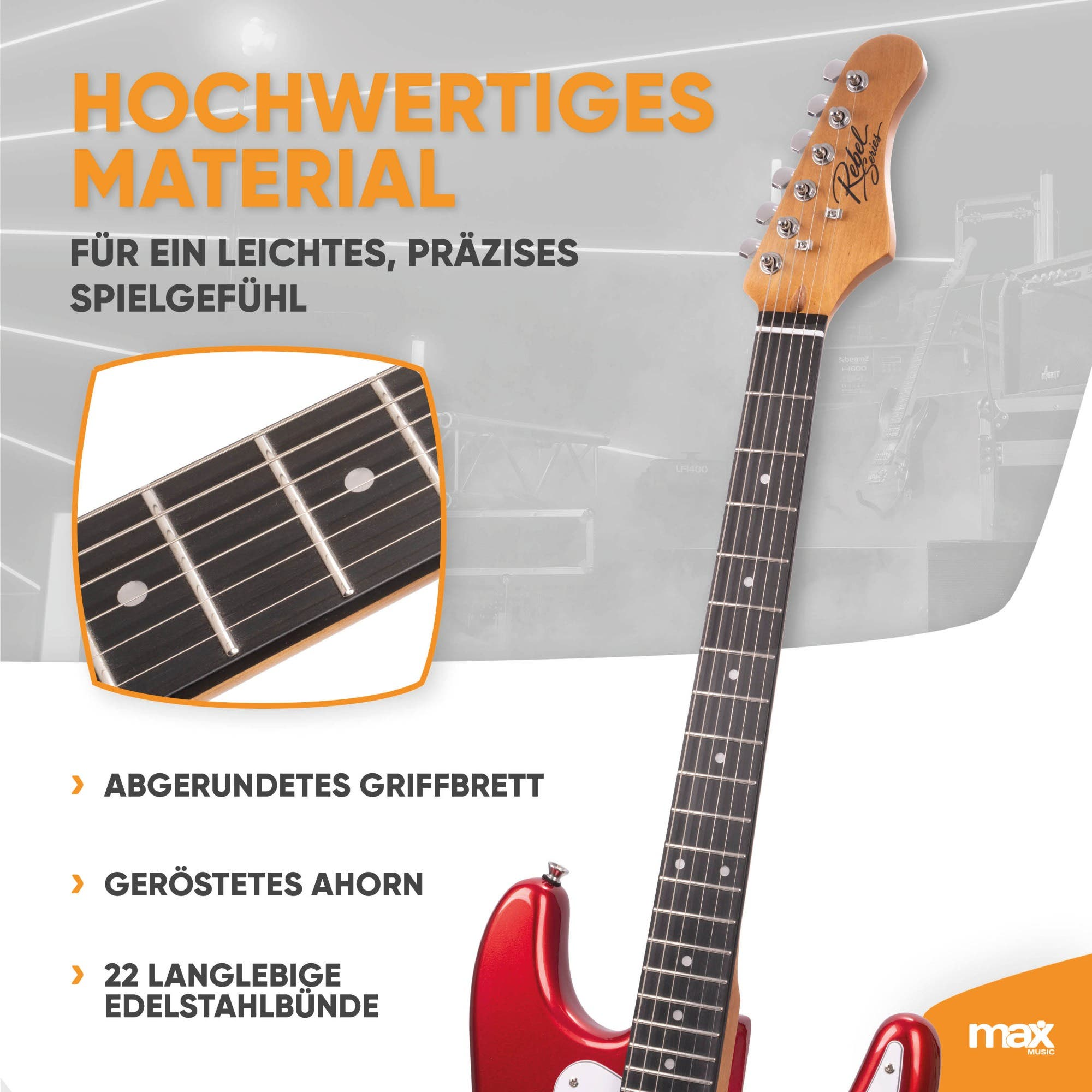 E-Gitarre mit geröstetem Ahornhals, abgerundetem Griffbrett und Edelstahlbünden, dazu deutscher Text.