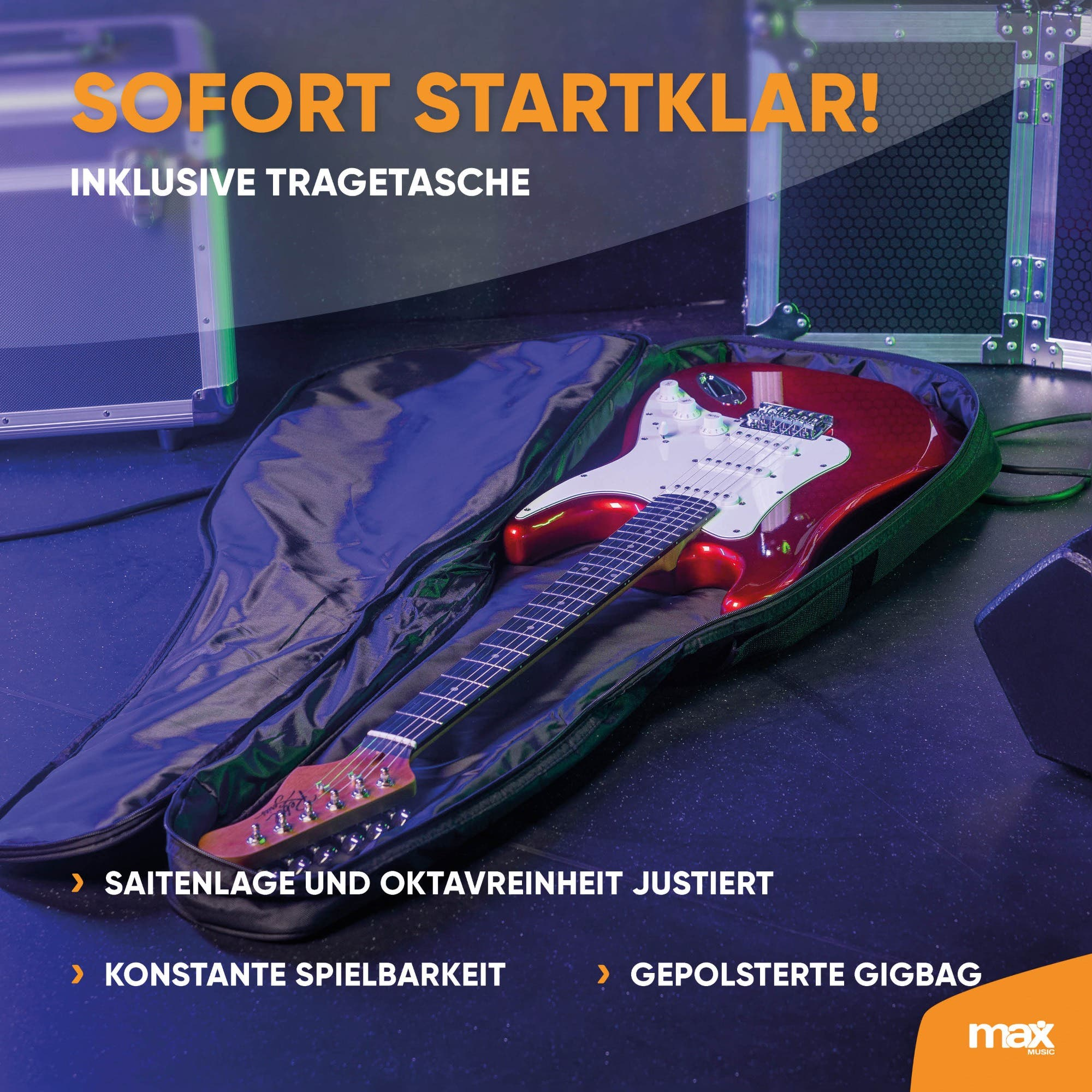 Rote E-Gitarre in einer offenen schwarzen Tasche mit Textüberlagerung.