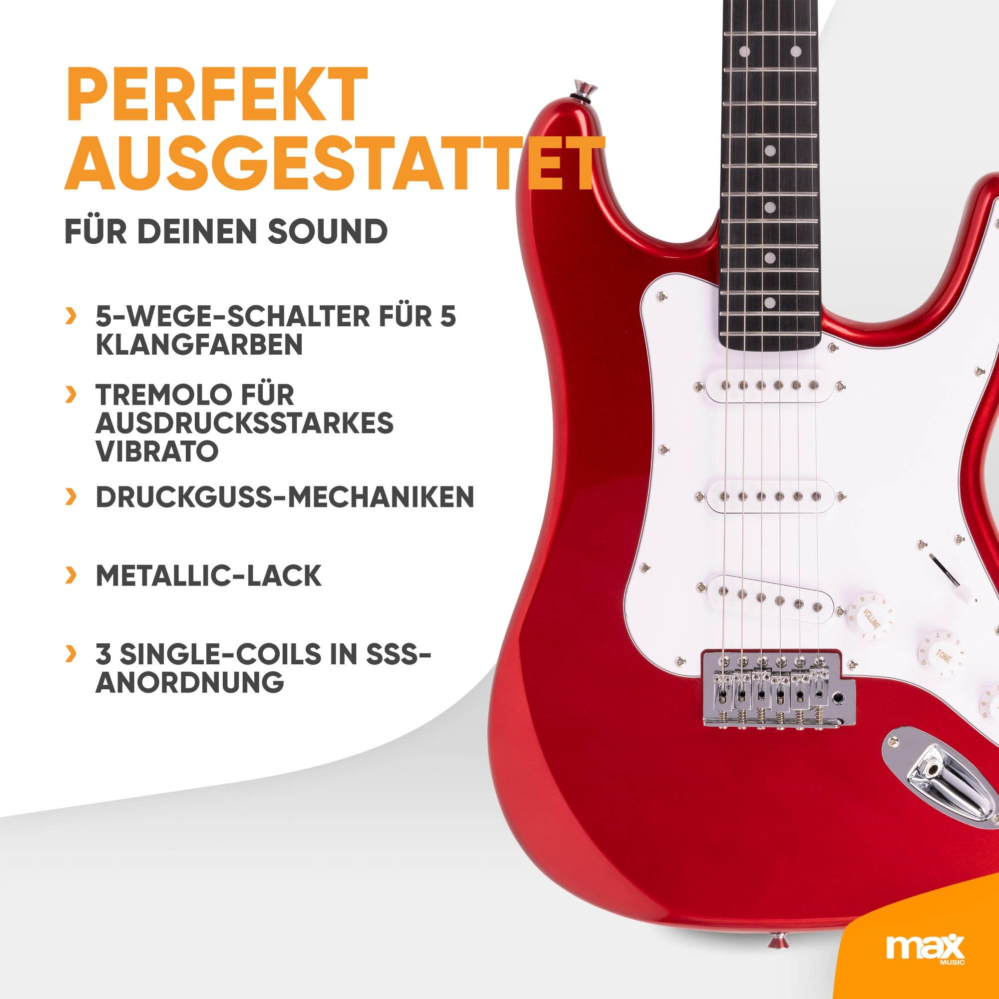 Rote E-Gitarre mit weißem Pickguard und deutschen Textfeatures auf der linken Seite.