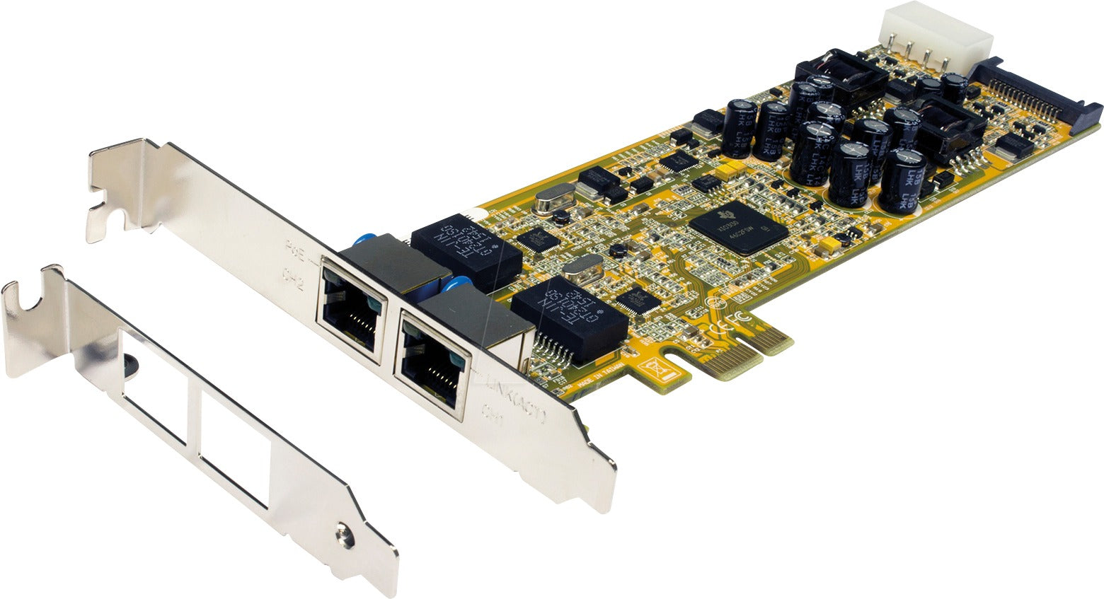 Eine gelbe PCIe-Platine mit zwei Ethernet-Anschlüssen und einem zusätzlichen Metall-Schlitzblech auf weißem Hintergrund.