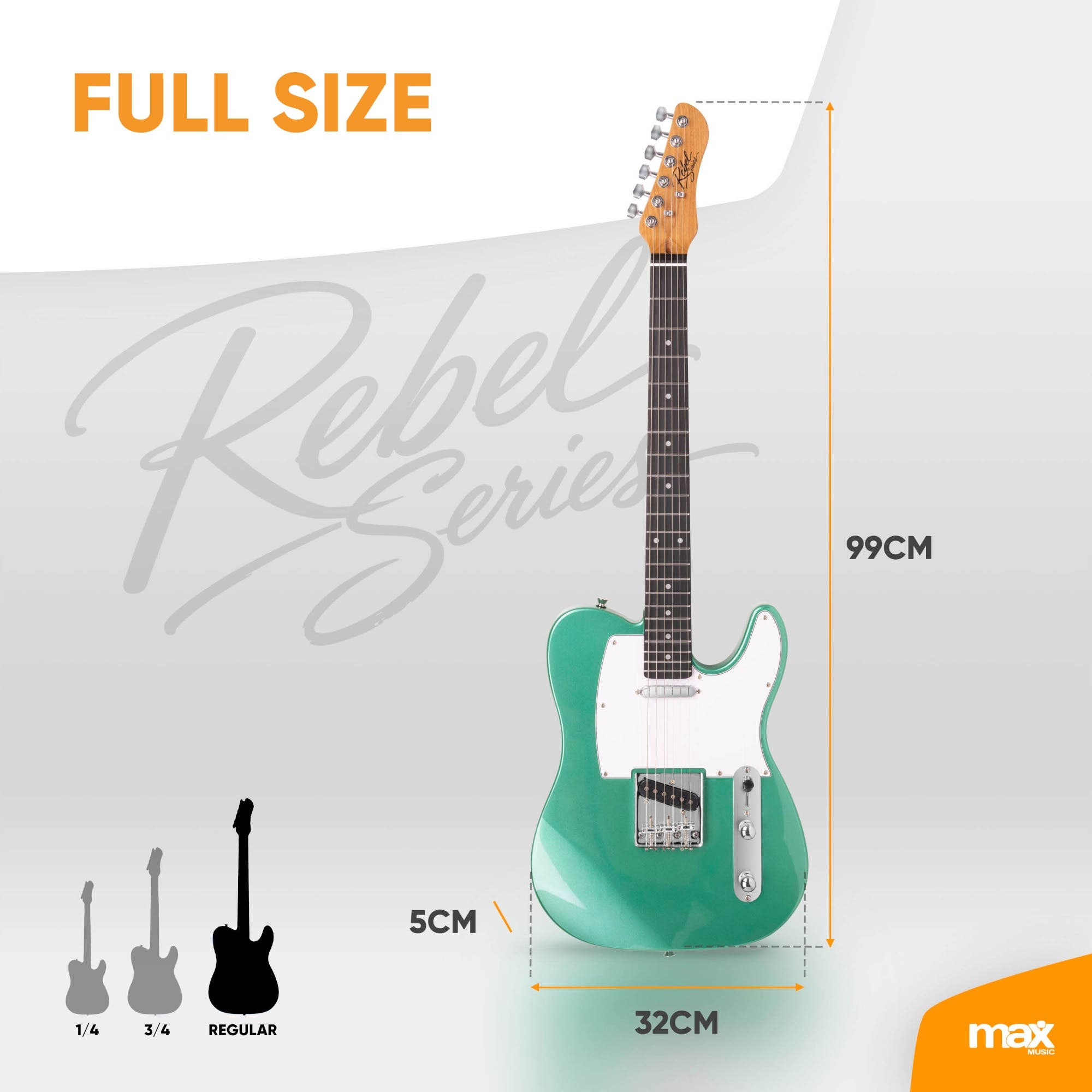 Grüne E-Gitarre mit weißen Details und Maßen von 99 cm Höhe und 32 cm Breite.