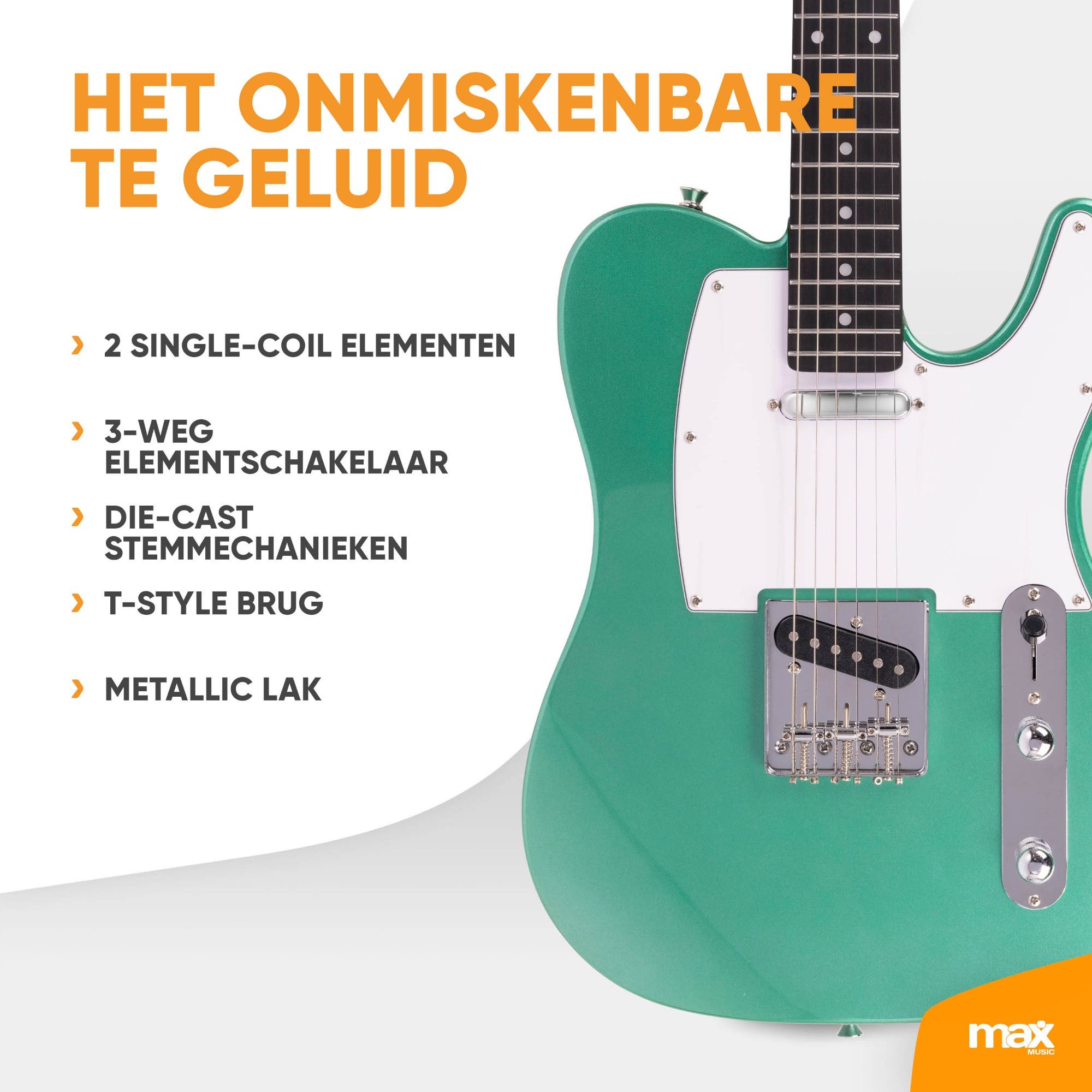 Grüne E-Gitarre mit weißem Schlagbrett und niederländischem Werbetext links.
