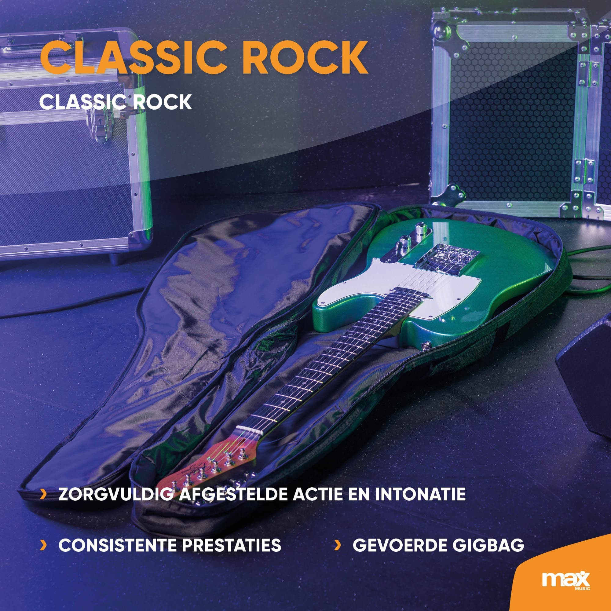 Eine grüne E-Gitarre liegt in einer offenen Tasche, flankiert von silbernen Flightcases.