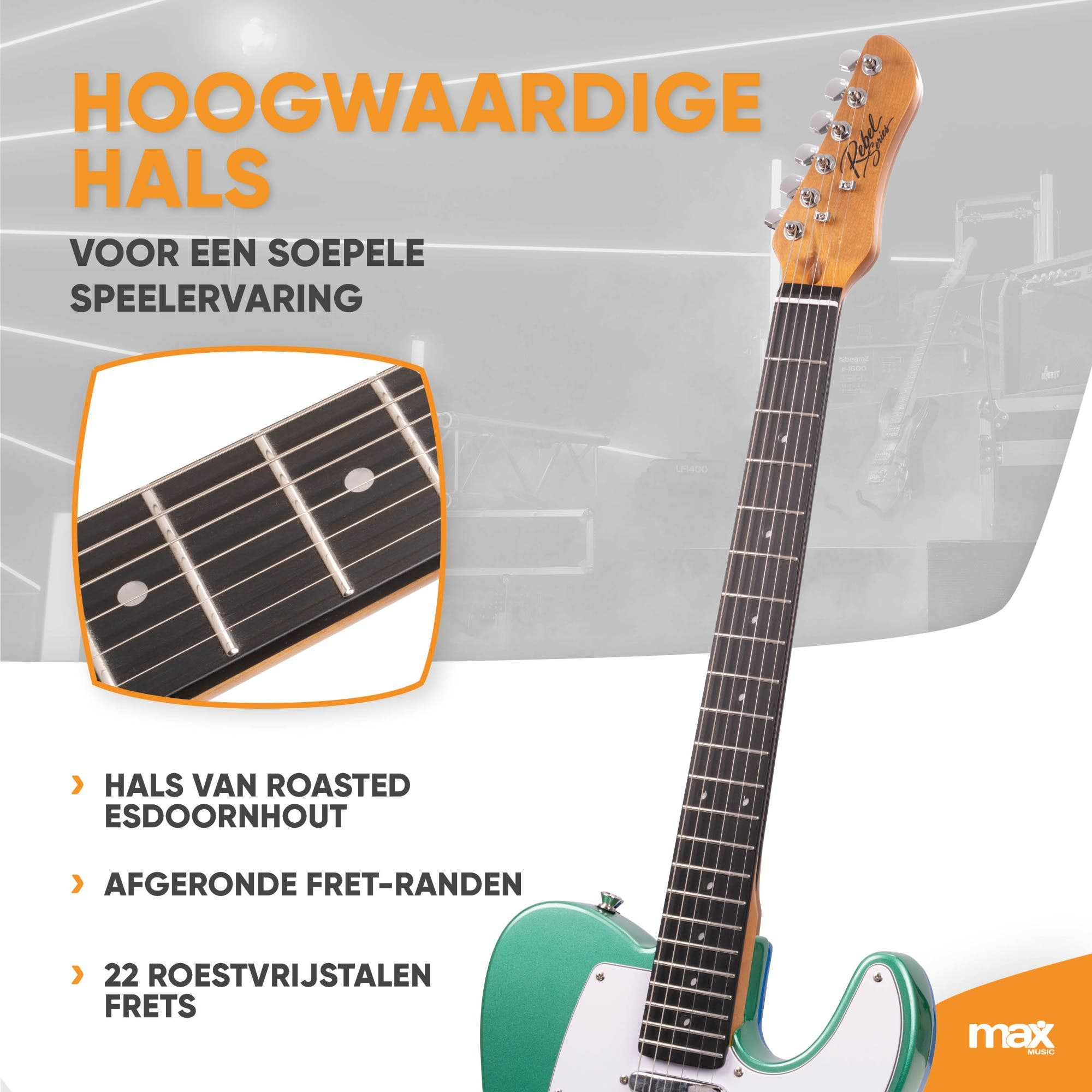 Nahaufnahme eines E-Gitarrenhalses mit Roasted Maple Fretboard und Dutch Text-Overlay.