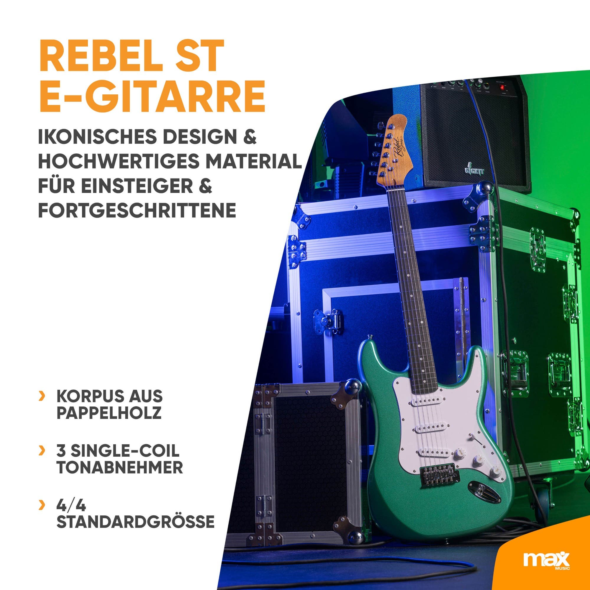 Eine grüne E-Gitarre steht vor blauen und grünen Musikinstrumentenkoffern mit deutschem Werbetext links.