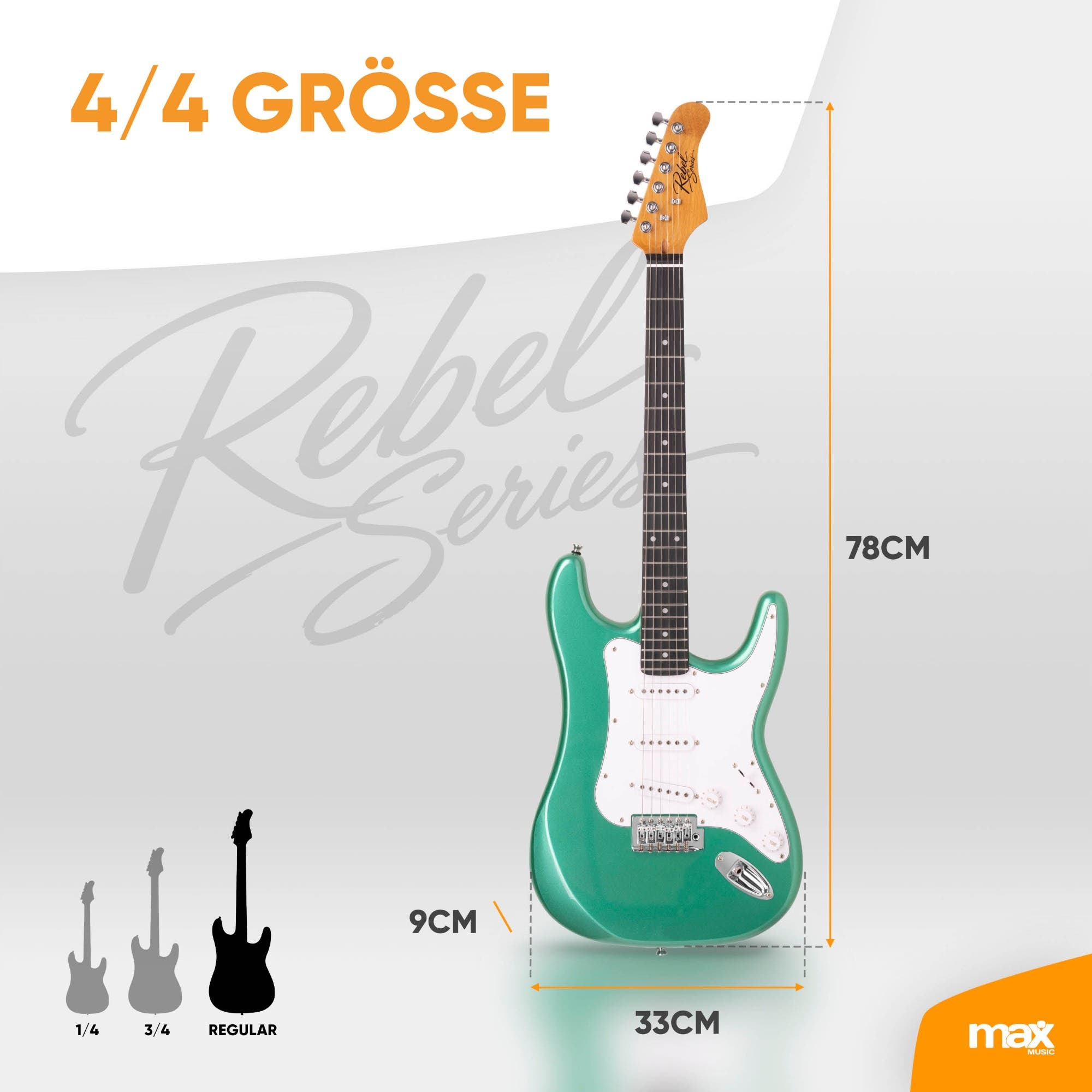 Grüne 4/4 Rebel Series E-Gitarre mit weißen Details und Maßen 78x33x9 cm.