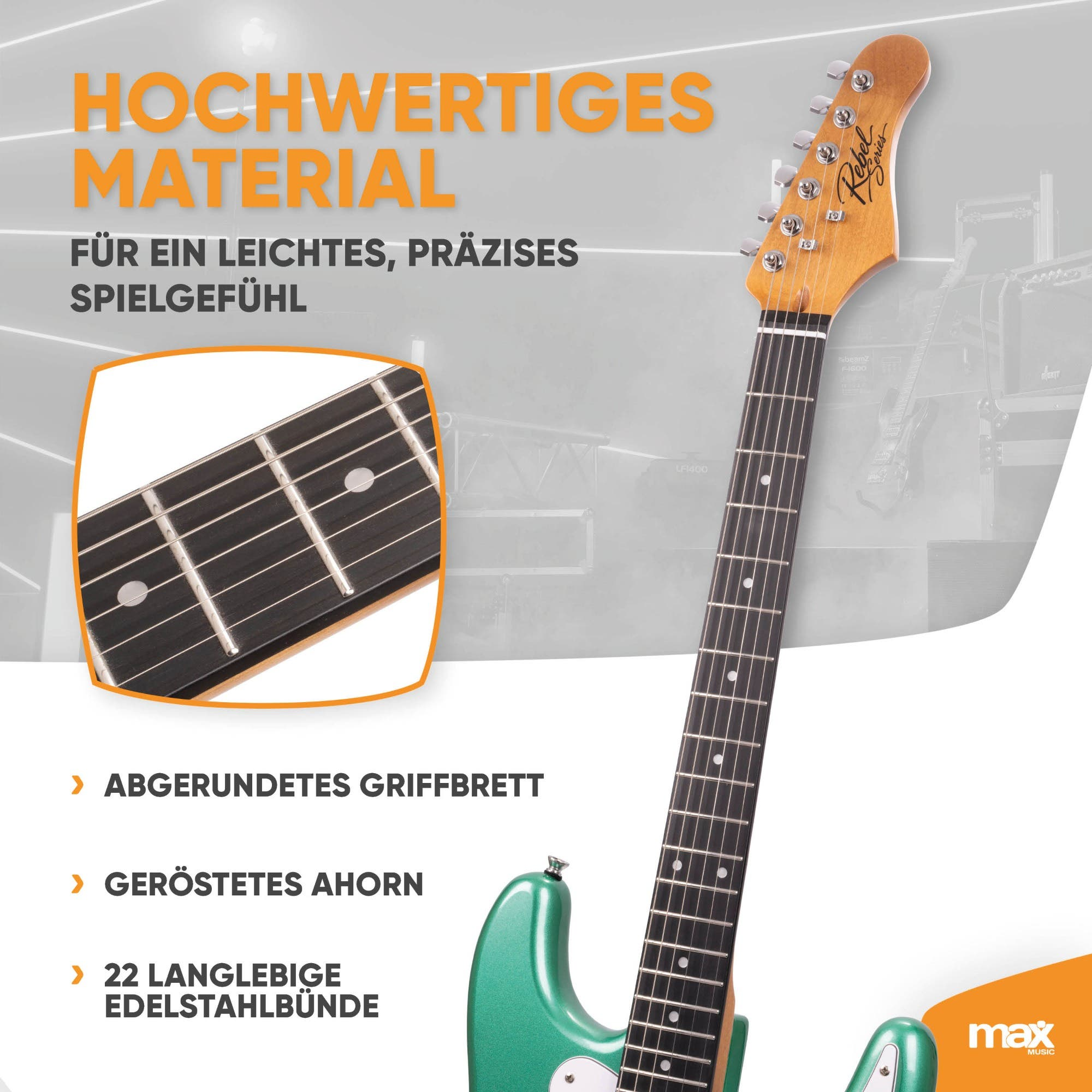 Nahaufnahme einer elektrischen Gitarre mit grünem Korpus, geröstetem Ahornhals und abgerundetem Griffbrett.