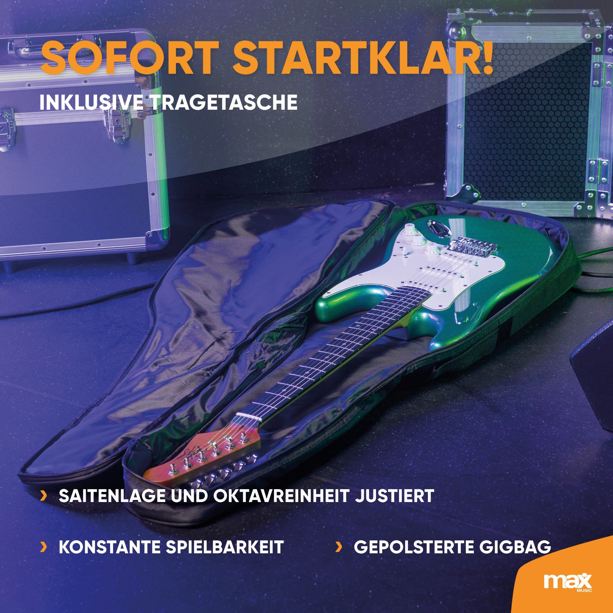 Grüne E-Gitarre in offenem Gigbag, flankiert von Koffern, mit Text und Max-Music-Logo.