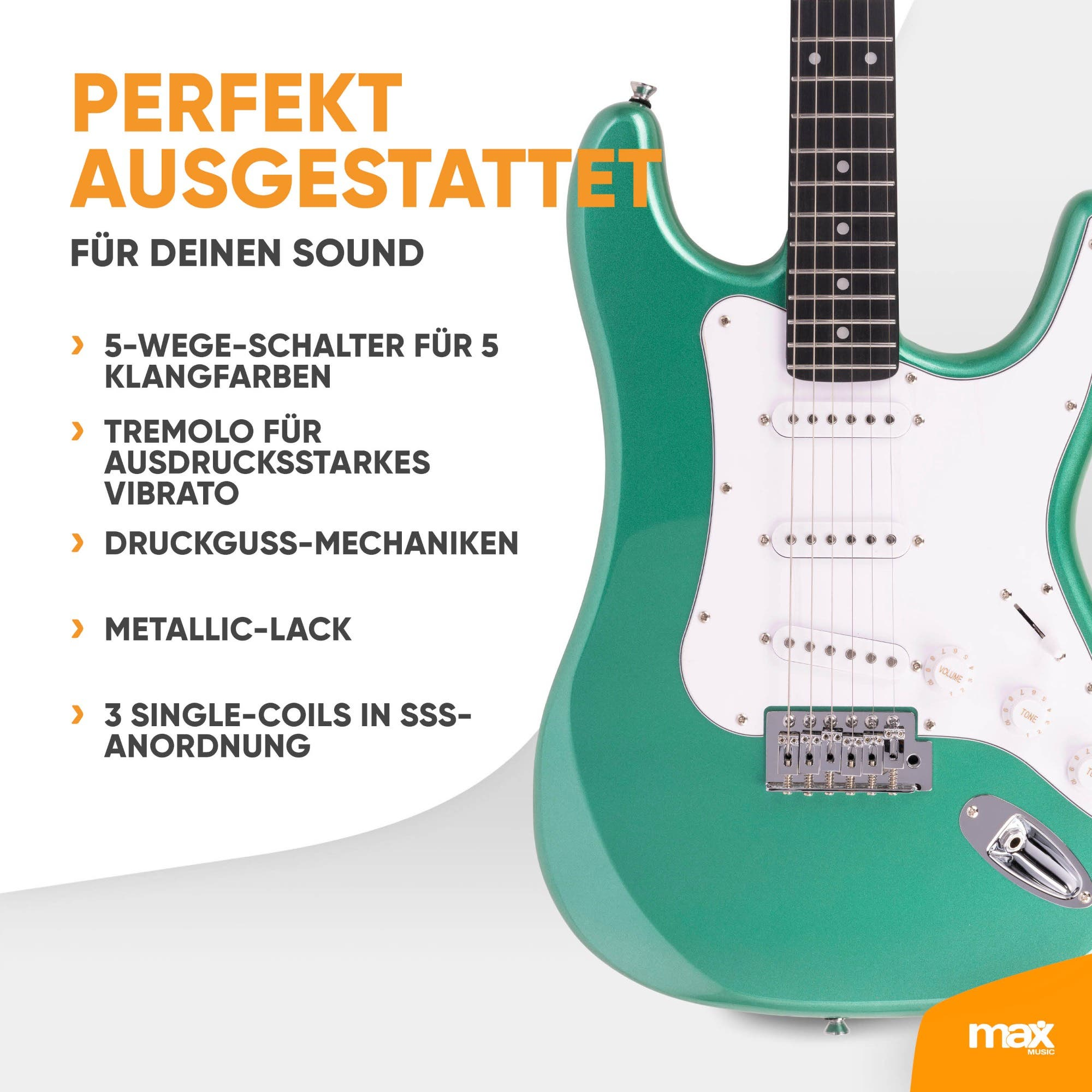 Grüne Metallic-E-Gitarre mit weißem Pickguard und deutscher Produktinfo.