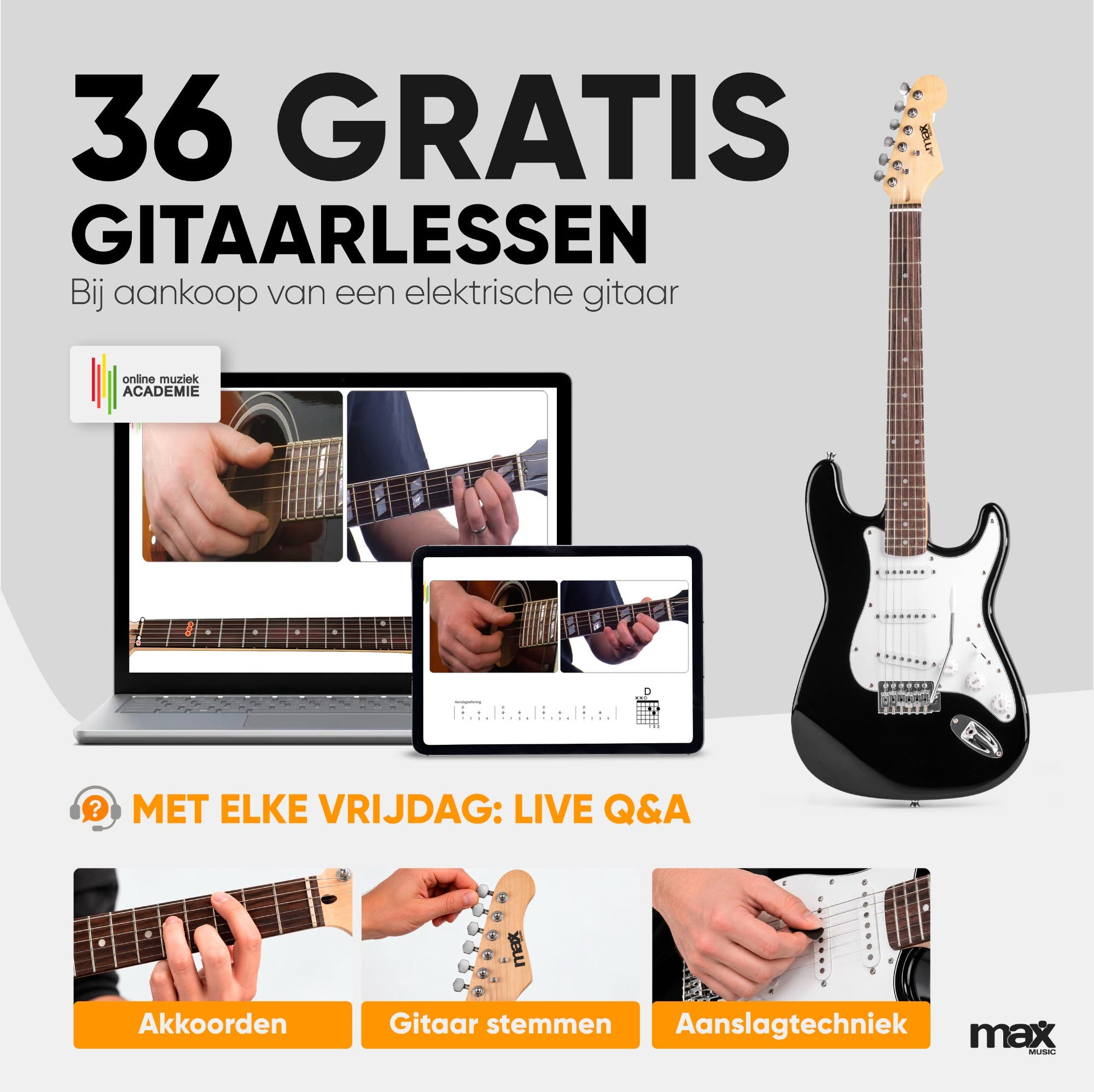 Werbung für 36 kostenlose Gitarrenstunden mit einer schwarzen E-Gitarre, Bildschirmdarstellungen und drei kleinen Bildern unten.
