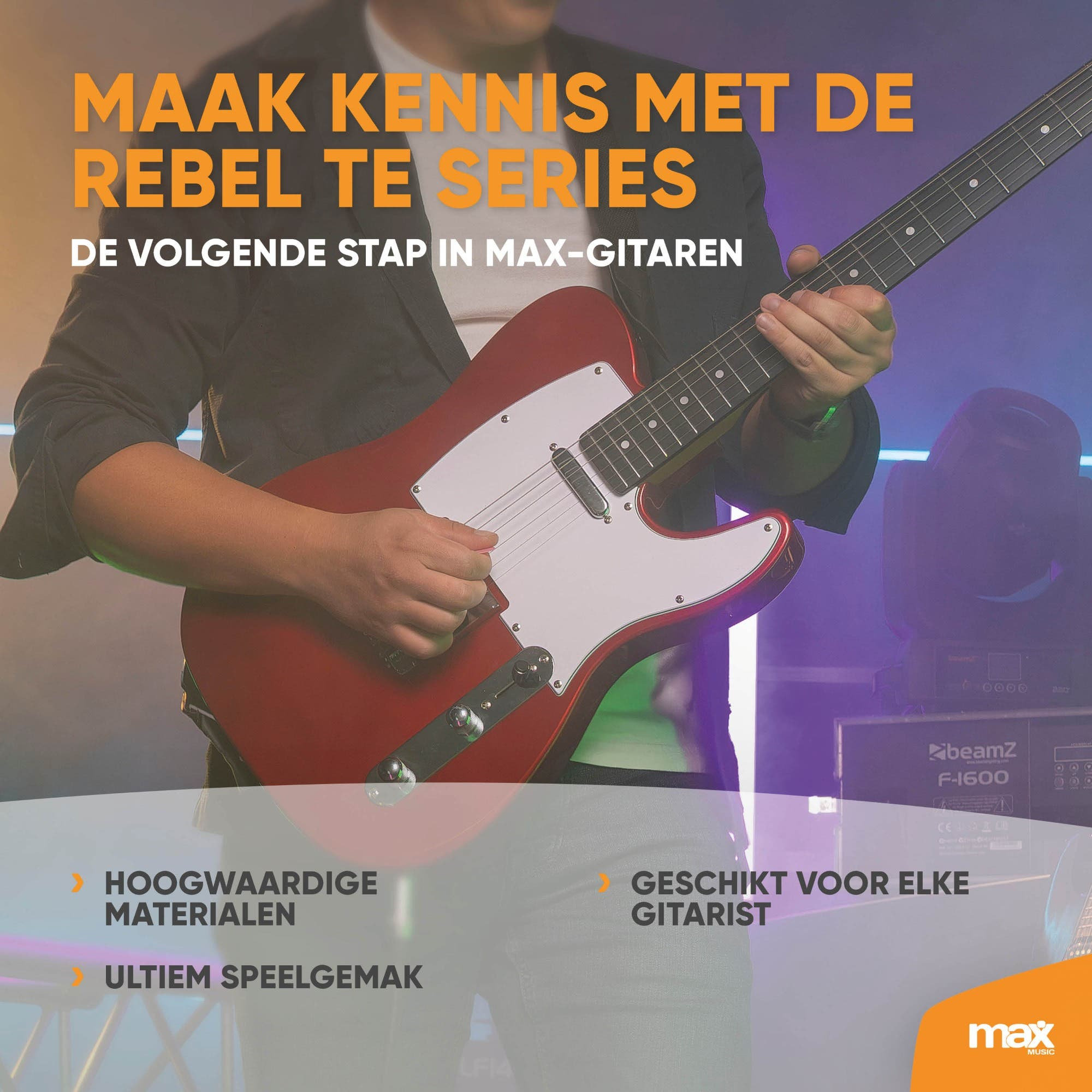 Ein Gitarrist spielt eine rote E-Gitarre mit weißem Schlagbrett vor violettem Hintergrund mit Text.