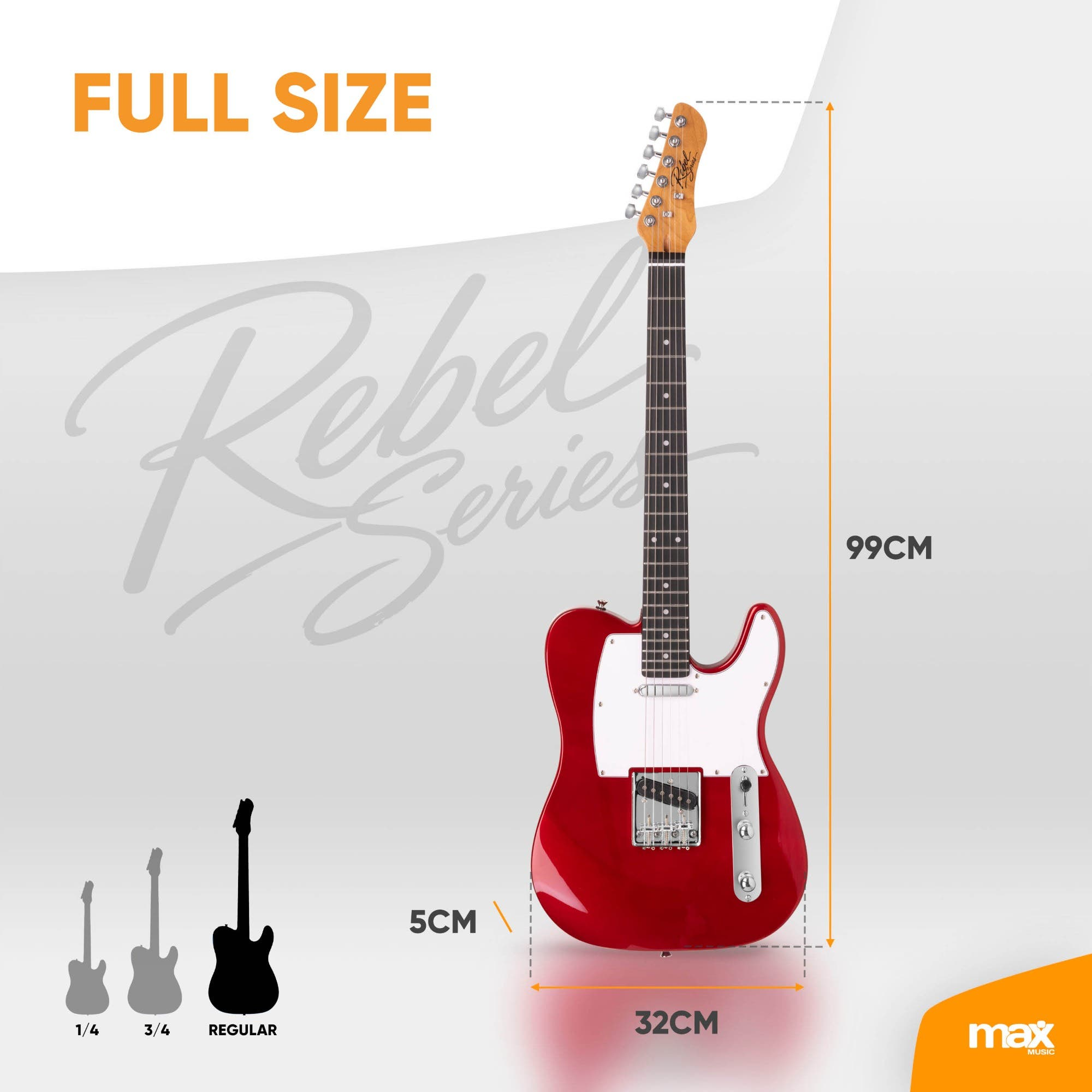 Rote E-Gitarre mit Abmessungen, Text und Größendiagramm.