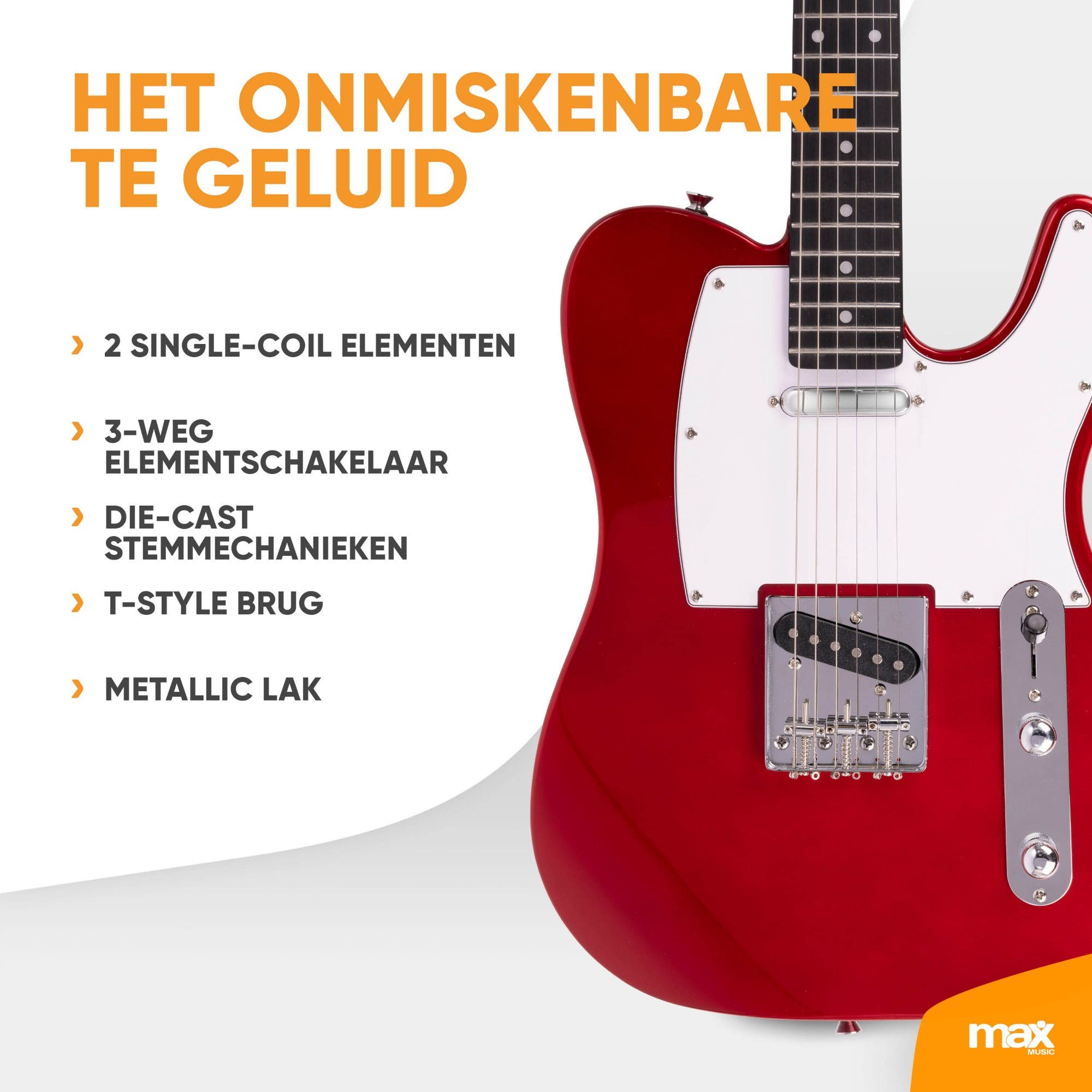 Rote E-Gitarre mit weißen Elementen und Text auf der linken Seite.