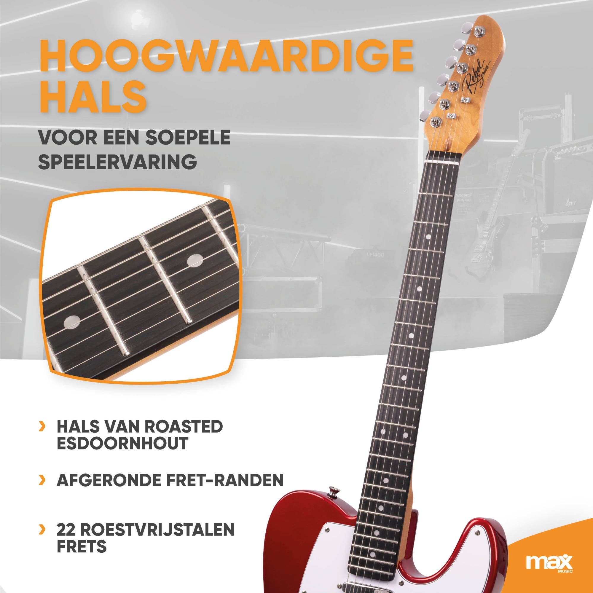 Rote E-Gitarre mit Ahornhals und Edelstahlbünden, Detailansicht des Griffbretts.