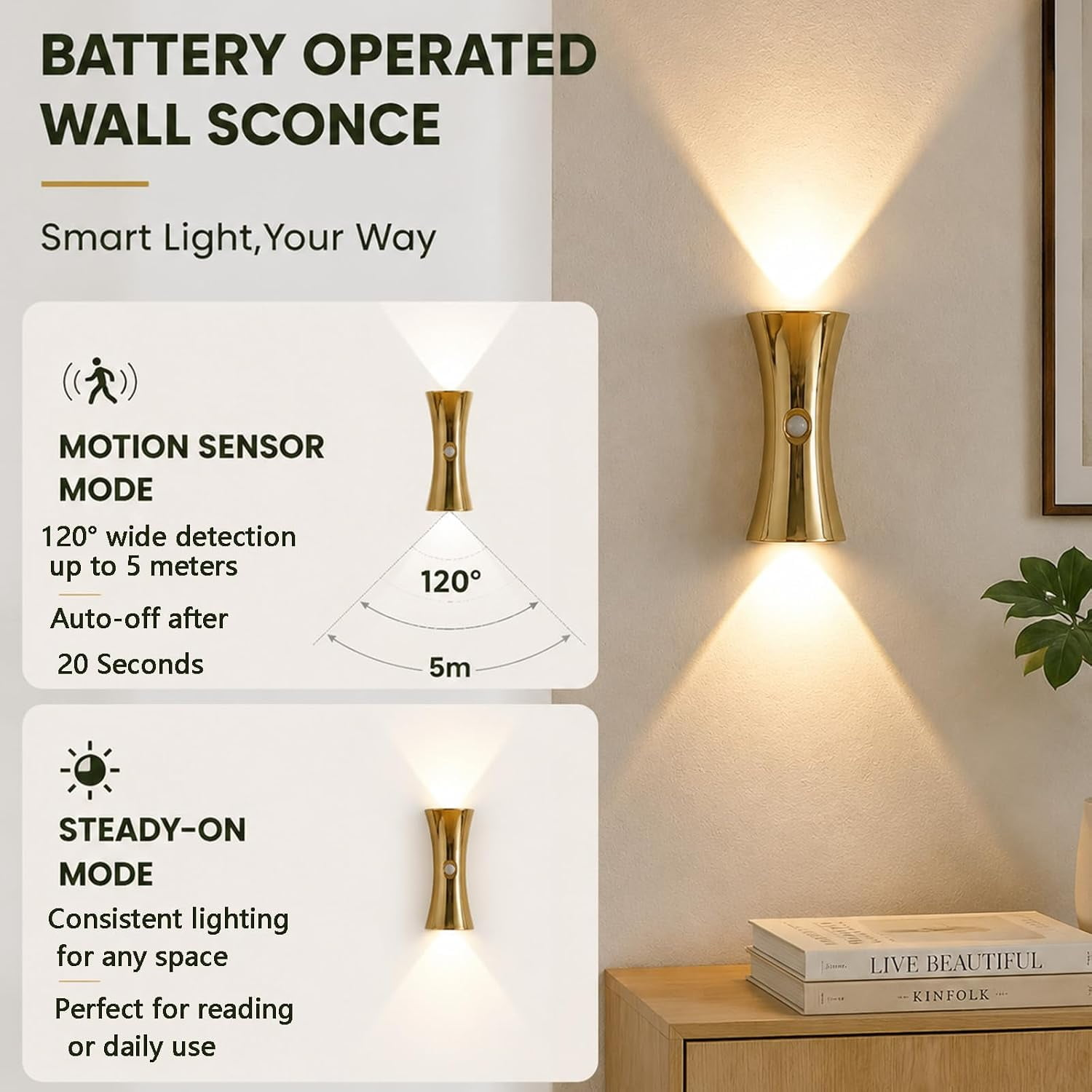 Goldene batteriebetriebene Wandlampe mit Bewegungssensor und Dauerlichtmodus auf einem Werbebild.