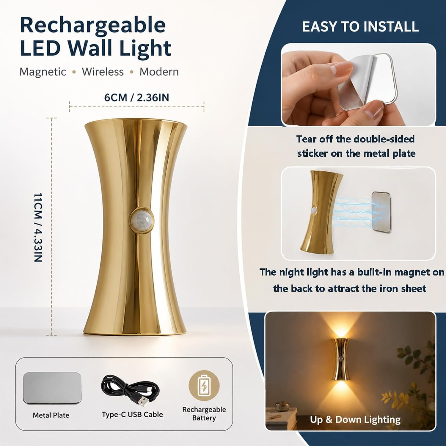 Produktwerbung für eine goldene wiederaufladbare LED-Wandleuchte mit Maßen, Installation und Zubehör.