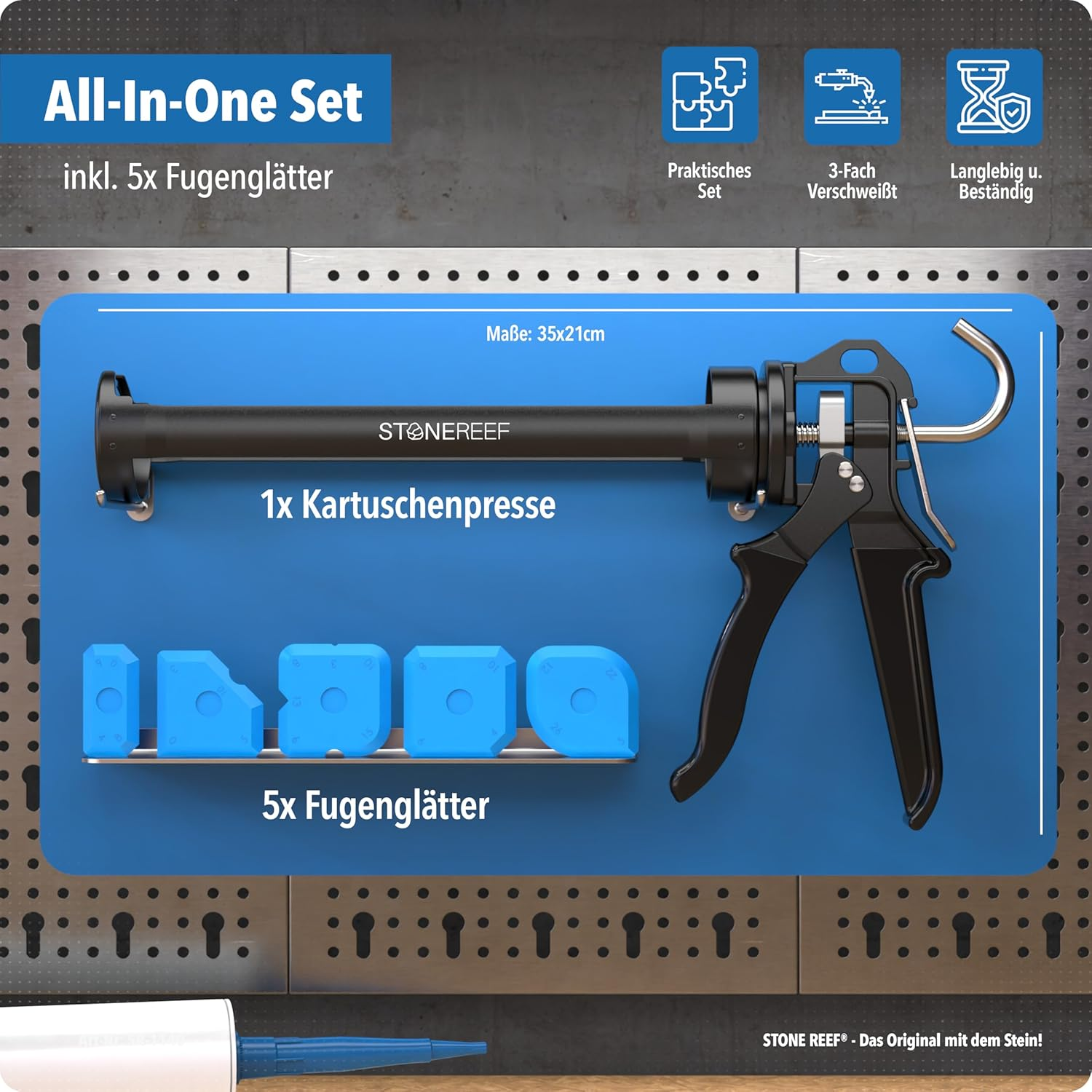 Ein schwarzes Silikon-Kartuschenpressen-Set mit fünf blauen Fugenglättern auf blauem Hintergrund.