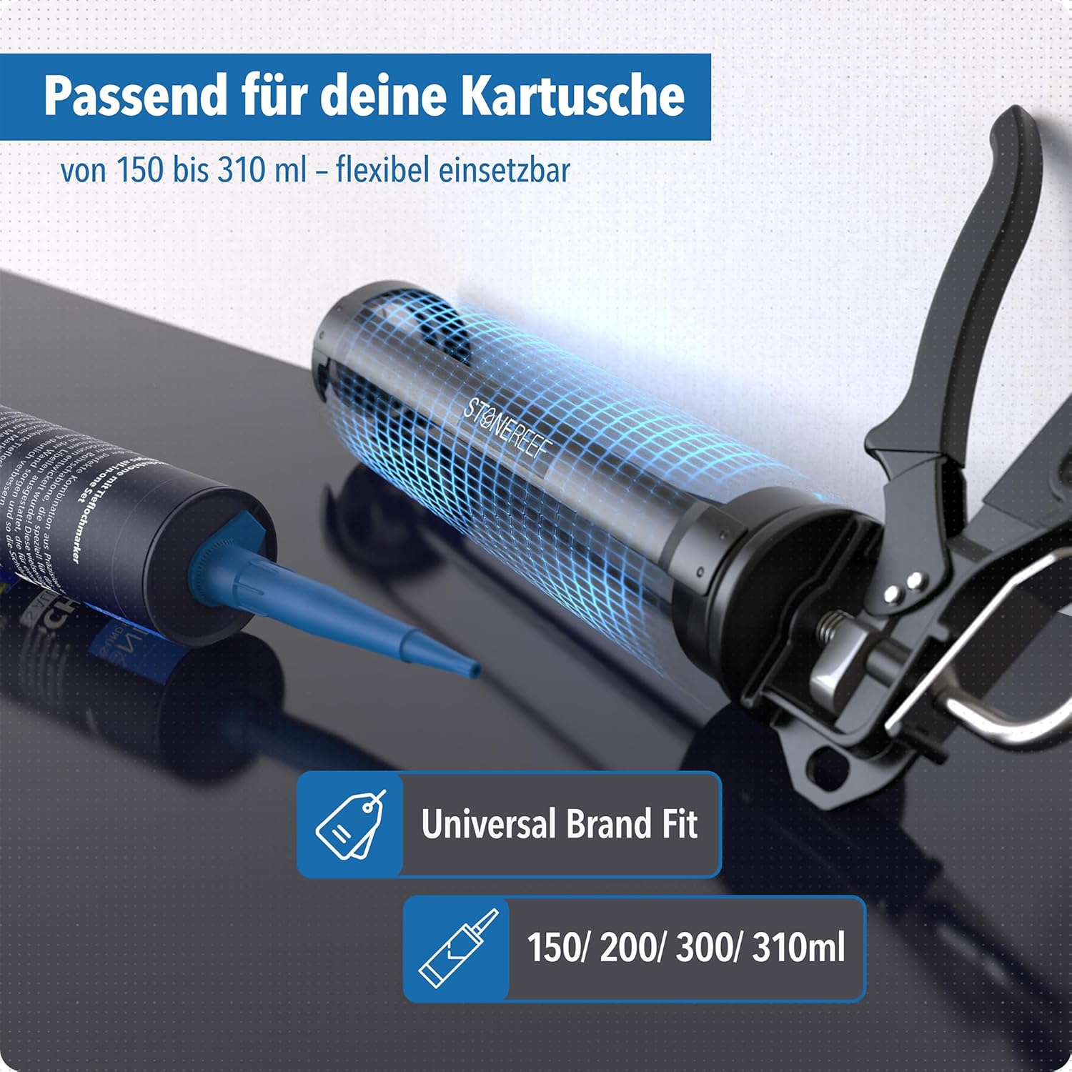 Schwarze Kartuschenpistole mit blauer Kartusche auf dunkler Oberfläche, geeignet für 150 bis 310 ml.
