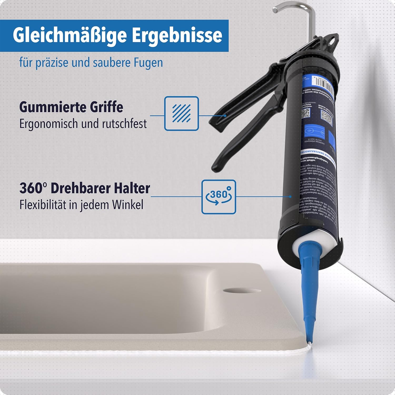 Eine Kartuschenpistole mit blauer Kappe zieht eine saubere weiße Silikonfuge an einem Waschbecken, mit Text.